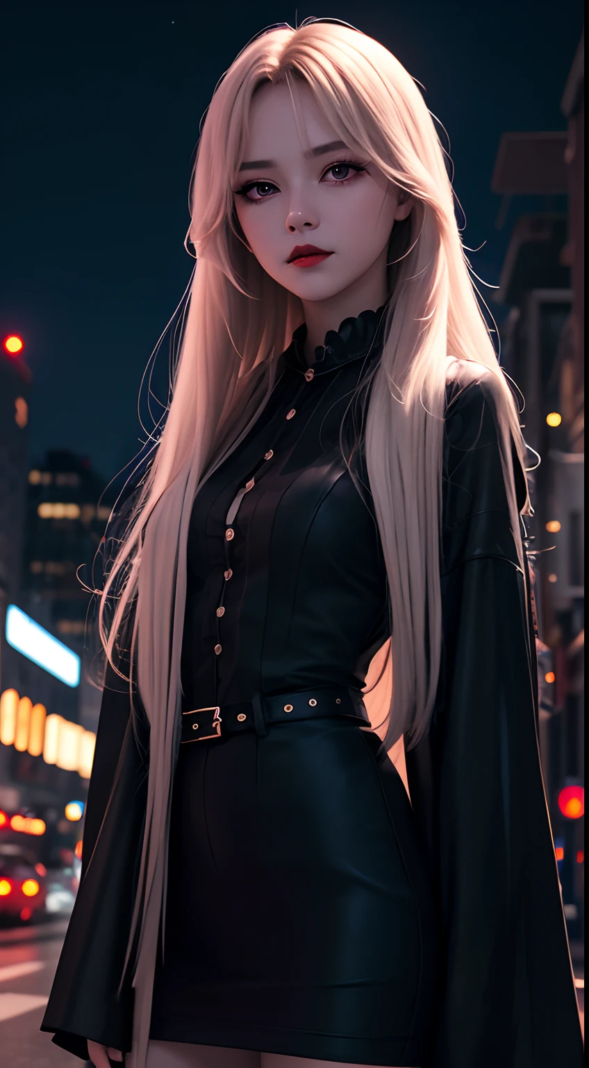 masterpiece, best quality CG unity 8k wallpaper, 1girl, white long hair, red eyes, black lips, night city
