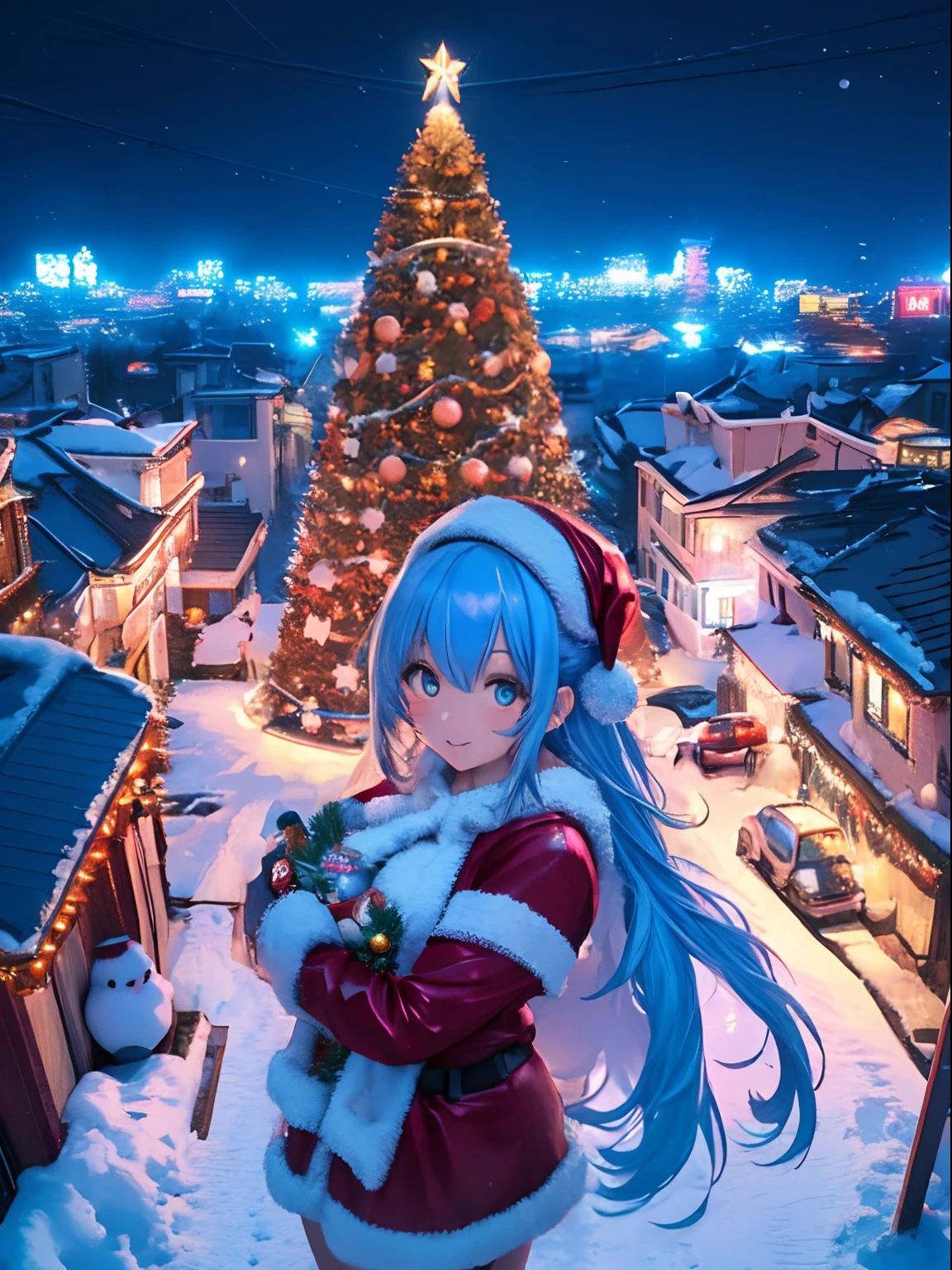 In a snowy city in winter,Voluminous and fluffy Santa costume,Christmas tree,Beautiful and fantastic night view,Light blue hair,Orange Eyes,There are many gifts and ornaments around,