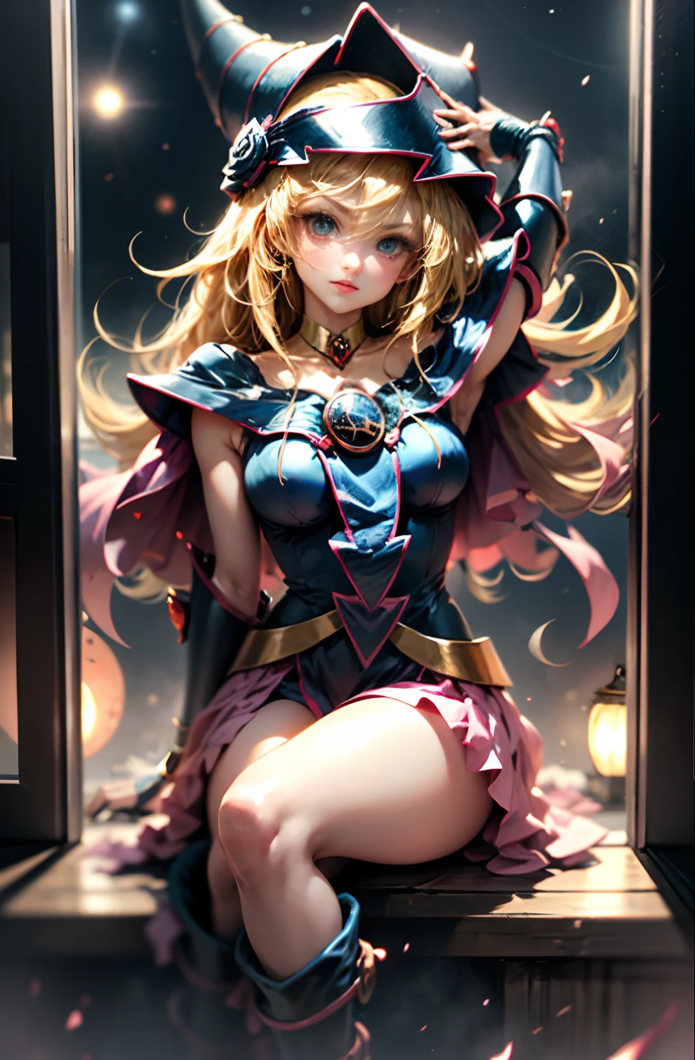 Una masterpice、La mejor calidad、(1 girl in)、(dark magician gils:1.3)、En el cielo nocturno、luces、por la noche、ojos verdes、Fondo magia、Mini falda plisada azul oscuro:1.3, maga oscura :1.2、Blanco,tejido fino:1.2,Cuello azul oscuro:1.1,Large bust:1.2,cabello rubio:1.2,sonrisa ligera, red ribbon、Adornos para el cabello、red bow、Broche、heart brooch:1.2、arete、creciente、heart necklace、Heart Mark、Pelo extra muy largo、Pendientes de media luna、collar amarillo、Botas largas de media luna、Botas rojas hasta la rodilla:1.1、piernas largas, falda grieta:1.5