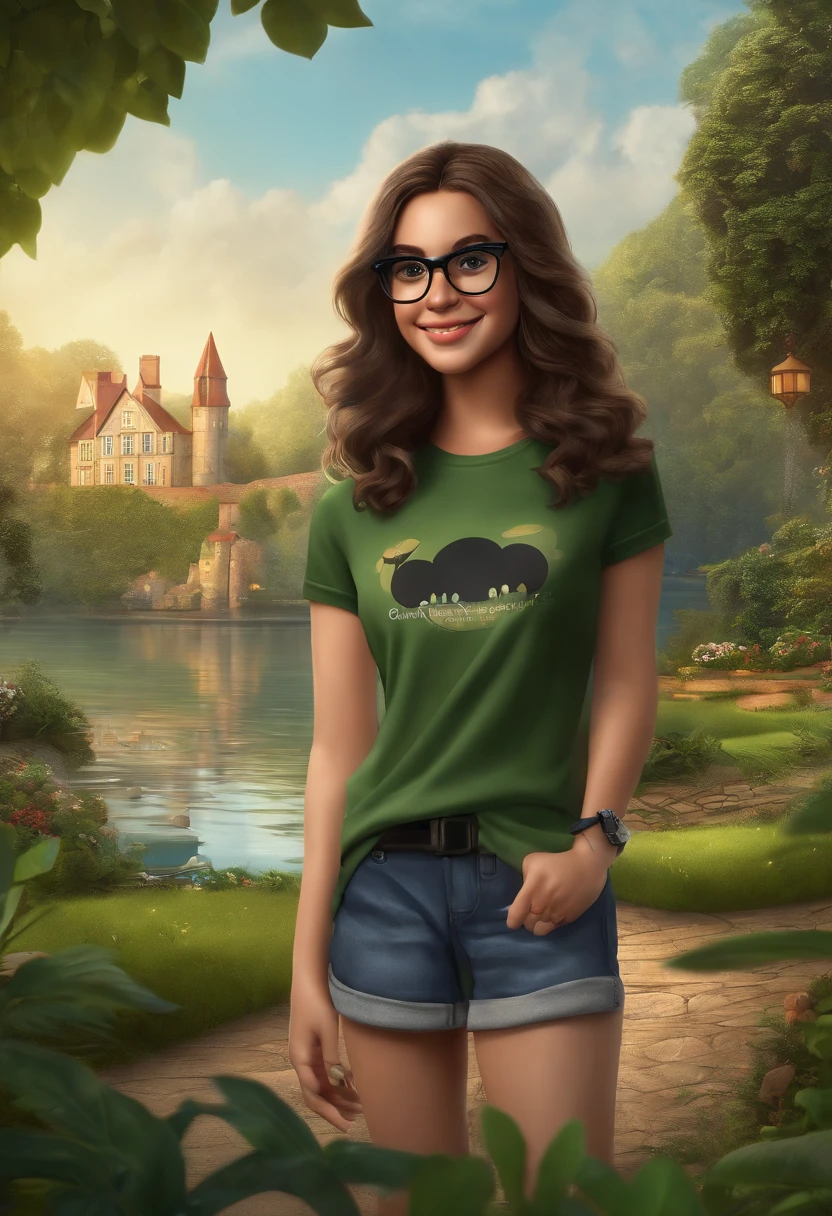 3D poster inspired by PIXAR capturing a scene in a green area with a lake, A fair-skinned 14-year-old full body girl smiling with long hair below her waist with slight curl of black color with glasses, com a perna direita enfaixada, Dark Grey Mickey Mouse T-Shirt and Black Loose Denim Shorts with Black Sneakers No Laces High Quality, melhor qualidade.