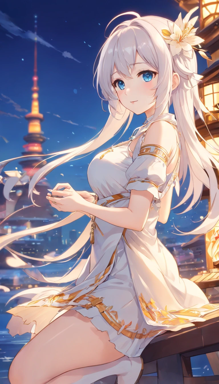 masterpiece, best quality, 1girl, illustrious (maiden lily's radiance) (azur lane), white hair, very long hair, blue eyes, hair ornaments, breasts, cleavage, china dress, chinese clothes, official alternate costume, white thighhighs, garter straps, short sleeves, chinese commentary, lantern,