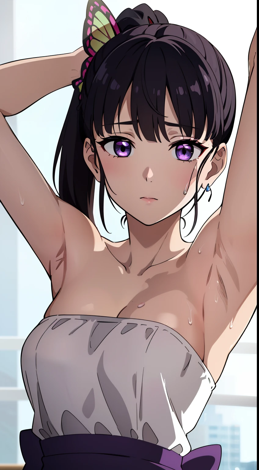 Anime style, Highres, Masterpiece, Best quality at best,Best Quality,hight quality, hight detailed, kanao tsuyuri, black hair, butterfly, butterfly hair ornament, (purple eyes:1.1), side ponytail, ponytail, (Strapless dress), (sweat), (showing armpit:1.3), upper body, best quality, high resolution, unity 8k wallpaper, (illustration:0.8), (beautiful detailed eyes:1.6), extremely detailed face, perfect lighting, extremely detailed CG, (perfect hands, perfect anatomy),