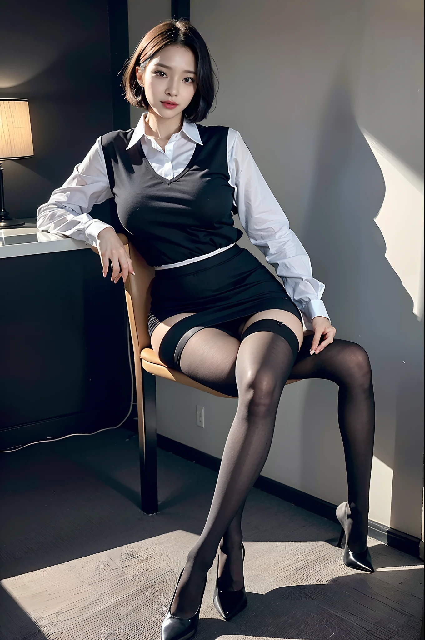 (Upper class elite secretary in light underwear), sit a chair,working in an office、 (Wear pantyhose)、(Short Layer Hair)、crossed legs, Wear high-end heels、 (thighhighs and skirt), Shirt Secretary, merchant, Wear shirts and skirts, Business attire, business outfit, Raw photo, (8K、top-quality、tmasterpiece:1.2)、(intricate detailes:1.4)、(Photorealsitic:1.4)、octane renderings、Complex 3D rendering ultra detail, vibrant detail, super detailing, realistic skin textures, Detal Face, Beautiful detail eyes, Very detailed CG Unity 16k wallpaper, Makeup - Makeup, (detailedbackground:1.2), shiny skins、Naked on the thighs!!!,