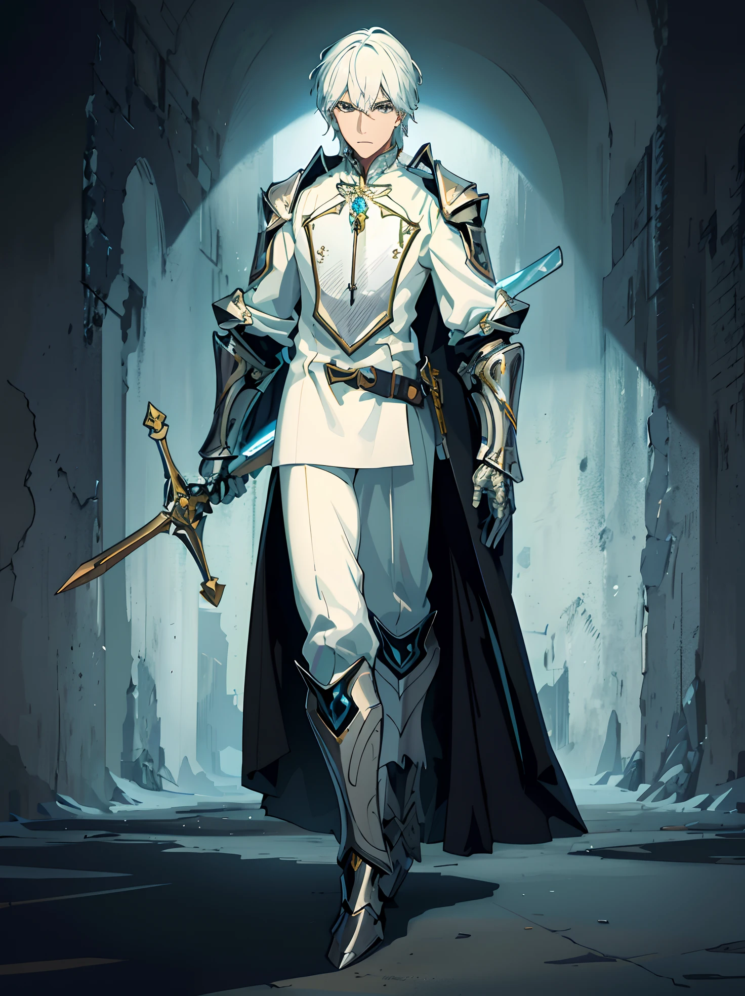 Anime character with sword and armor walking through a tunnel, full portrait of magical knight, um paladino masculino humano, picture of a male cleric, Paladino masculino, vestido com armadura leve, dressed like a cleric, cleric, armadura branca, pale blue armor, hero character art, Paladino Santo, paladino fantasia, arte oficial do personagem, official character illustration