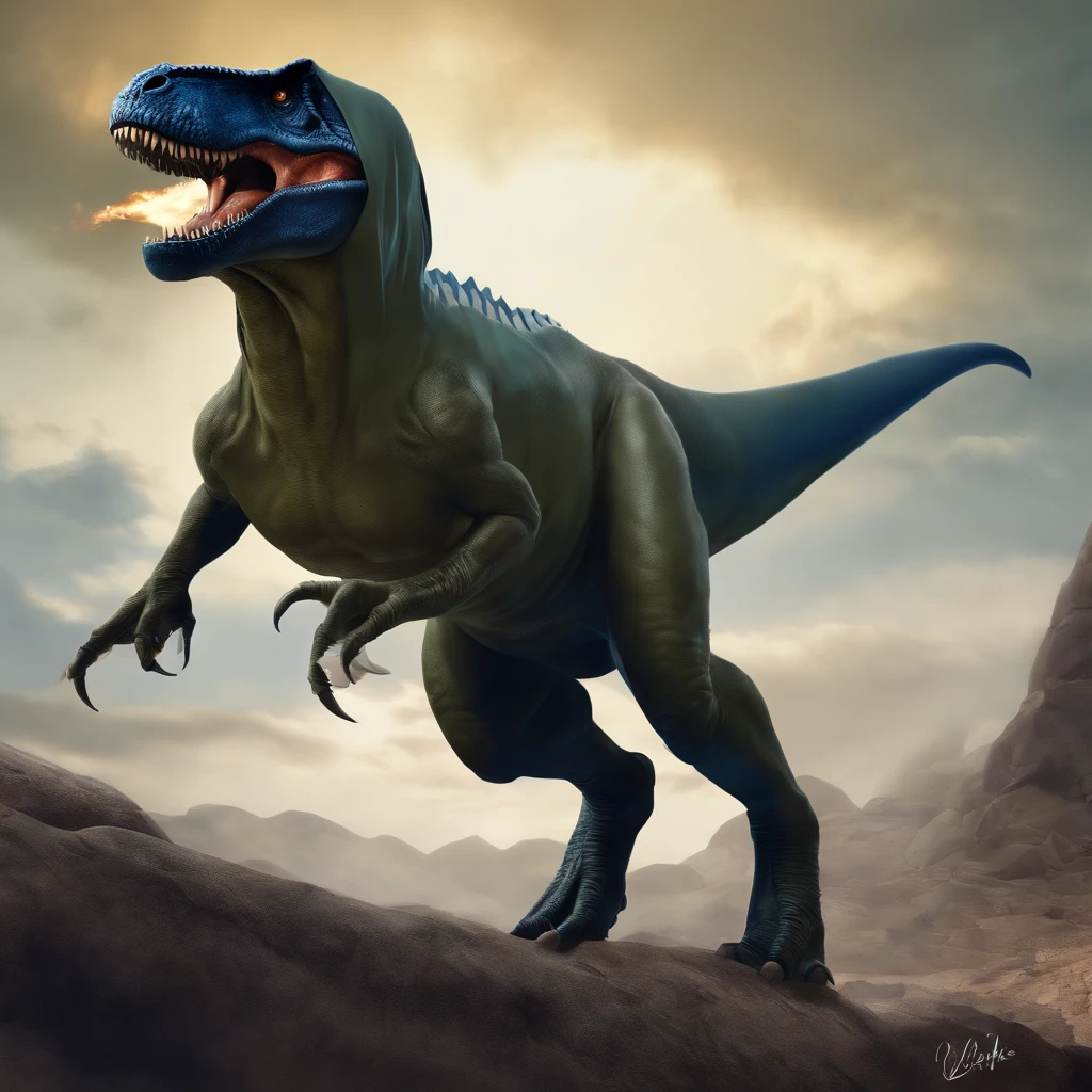 Dinosaurios de color verde oliva con lobos de color marron en la espalda, (((Beautiful girl in blue cape and hood is fighting t-rex dinosaurios with a futuristic machete in her hands))), 8k, Foto RAW, (Piel altamente detallada: 1.2), (Metamorfosis expuesta: 1.1), (Espalda desnuda: 1.5), , (Lo que ves de arriba a abajo:1.5), ((::Al estilo de Je Lee y Joe Madureira ::2.0 comix illustration style,Estilo Tatoon ,, (Hermoso fondo brillante:1.2),, Fantasy painting , ::Estilo Jason Fabok y Yoji Shinkawa ::2.0 comix illustration style,Estilo Tatoon , comic book style , (Hermoso fondo brillante:1.2),, Fantasy painting ,en estilo graffiti; Piezas maestras, Mejor calidad, Alta calidad, papel tapiz de la unidad CG 8k altamente detallado, Paisaje, An award-winning photograph, NFFSW, El es muy detallado, Tendencias en Artstationh, Tendencia de CGsociety, con un intrincado, Alto detalle, Arte por Midjourney Style::Estilo Kenneth Rocafort ::2.9 (Piezas maestras:1.2, Mejor calidad), (Ojos en hermosos detalles: 1.2),
