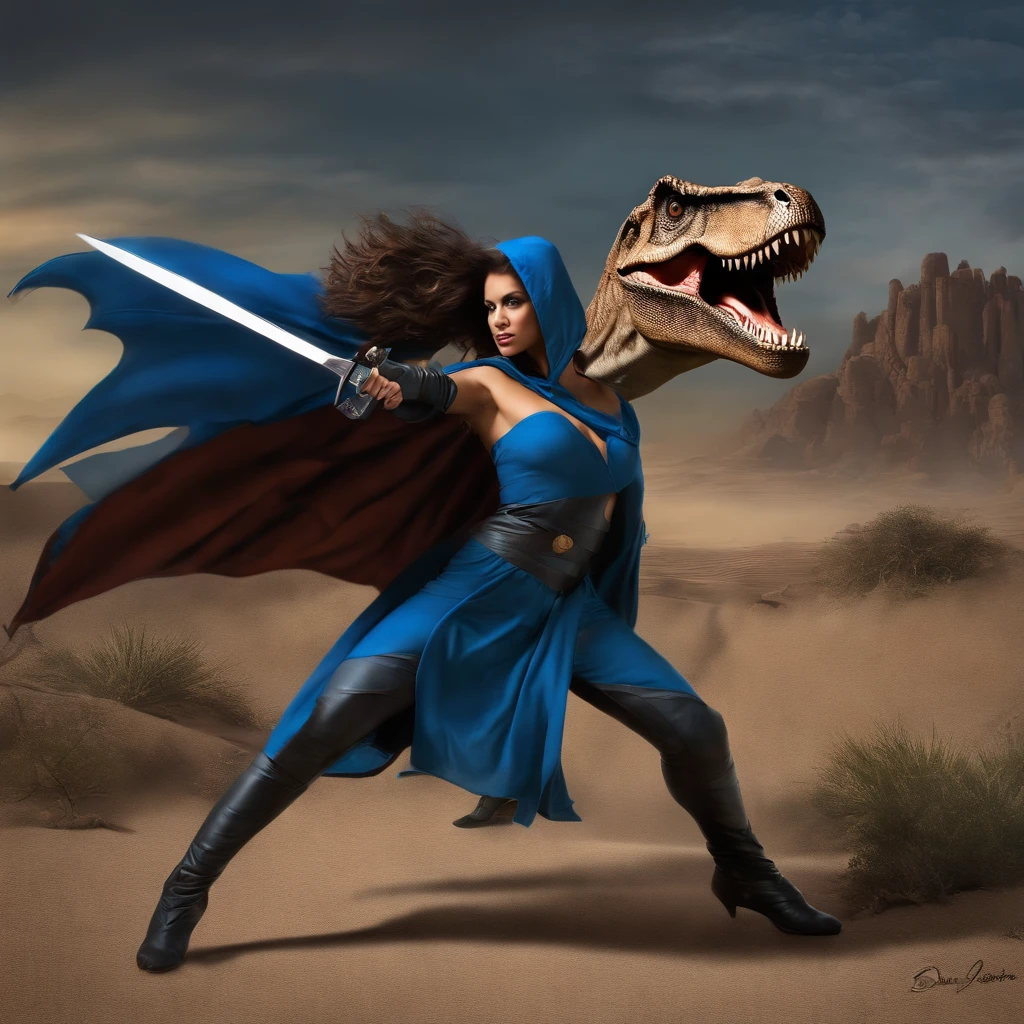 Dinosaurios de color verde oliva con lobos de color marron en la espalda, (((Beautiful girl in blue cape and hood is fighting t-rex dinosaurios with a futuristic machete in her hands))), 8k, Foto RAW, (Piel altamente detallada: 1.2), (Metamorfosis expuesta: 1.1), (Espalda desnuda: 1.5), , (Lo que ves de arriba a abajo:1.5), ((::Al estilo de Je Lee y Joe Madureira ::2.0 comix illustration style,Estilo Tatoon ,, (Hermoso fondo brillante:1.2),, Fantasy painting , ::Estilo Jason Fabok y Yoji Shinkawa ::2.0 comix illustration style,Estilo Tatoon , comic book style , (Hermoso fondo brillante:1.2),, Fantasy painting ,en estilo graffiti; Piezas maestras, Mejor calidad, Alta calidad, papel tapiz de la unidad CG 8k altamente detallado, Paisaje, An award-winning photograph, NFFSW, El es muy detallado, Tendencias en Artstationh, Tendencia de CGsociety, con un intrincado, Alto detalle, Arte por Midjourney Style::Estilo Kenneth Rocafort ::2.9 (Piezas maestras:1.2, Mejor calidad), (Ojos en hermosos detalles: 1.2),