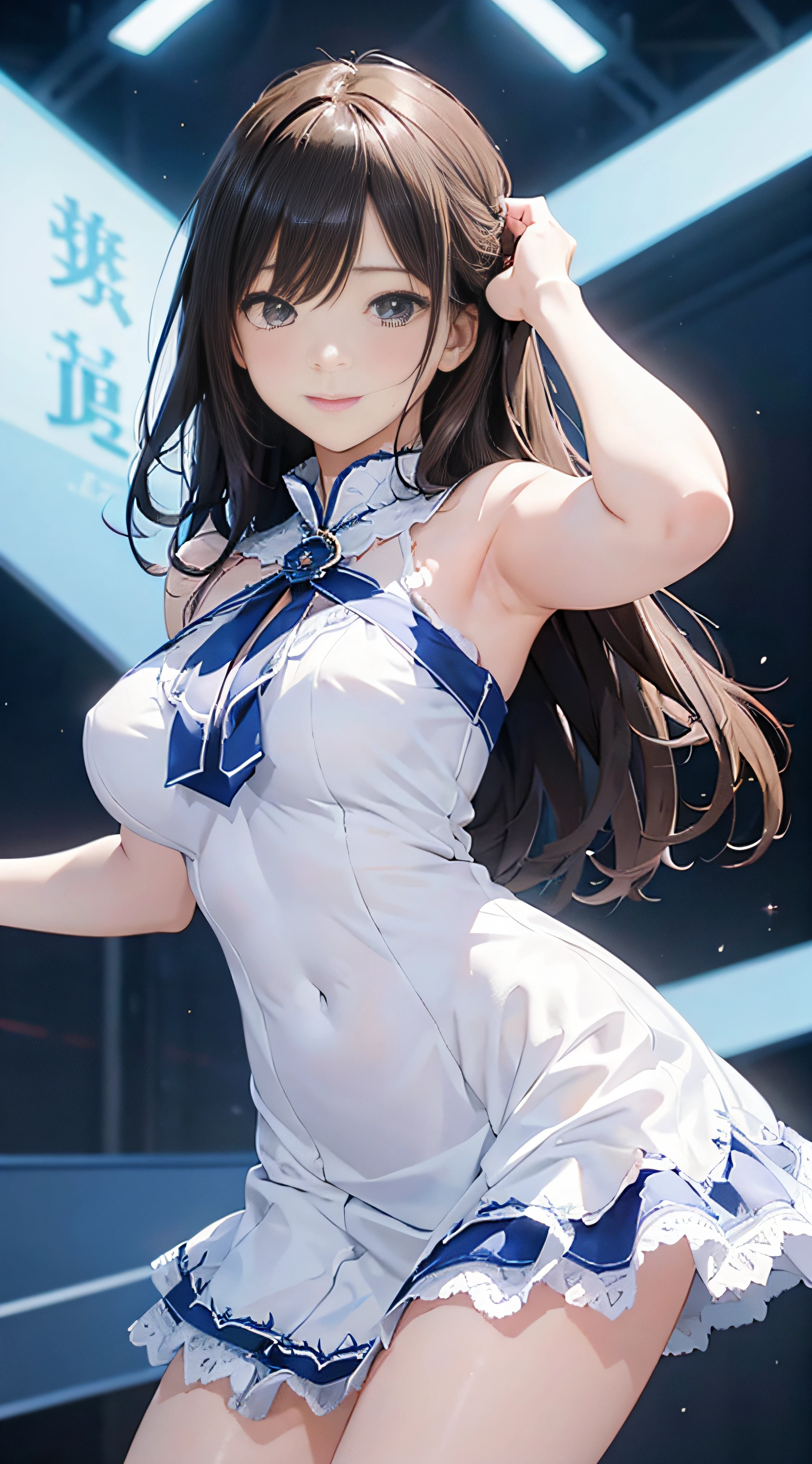 {8K Photo Quality:1.2}、{Ultra-high resolution photo quality:1.2}、{Super Real 1.2}、{Perfect limbs}、masutepiece、1womanl、Solo、The queen of white and blue lace、Companion Costume、tight short skirt、Before the pit of the race、Leaning forward to emphasize the chest、Shyness、Dynamic sexy poses、smil、Long Wave Hair、Left hand on hip