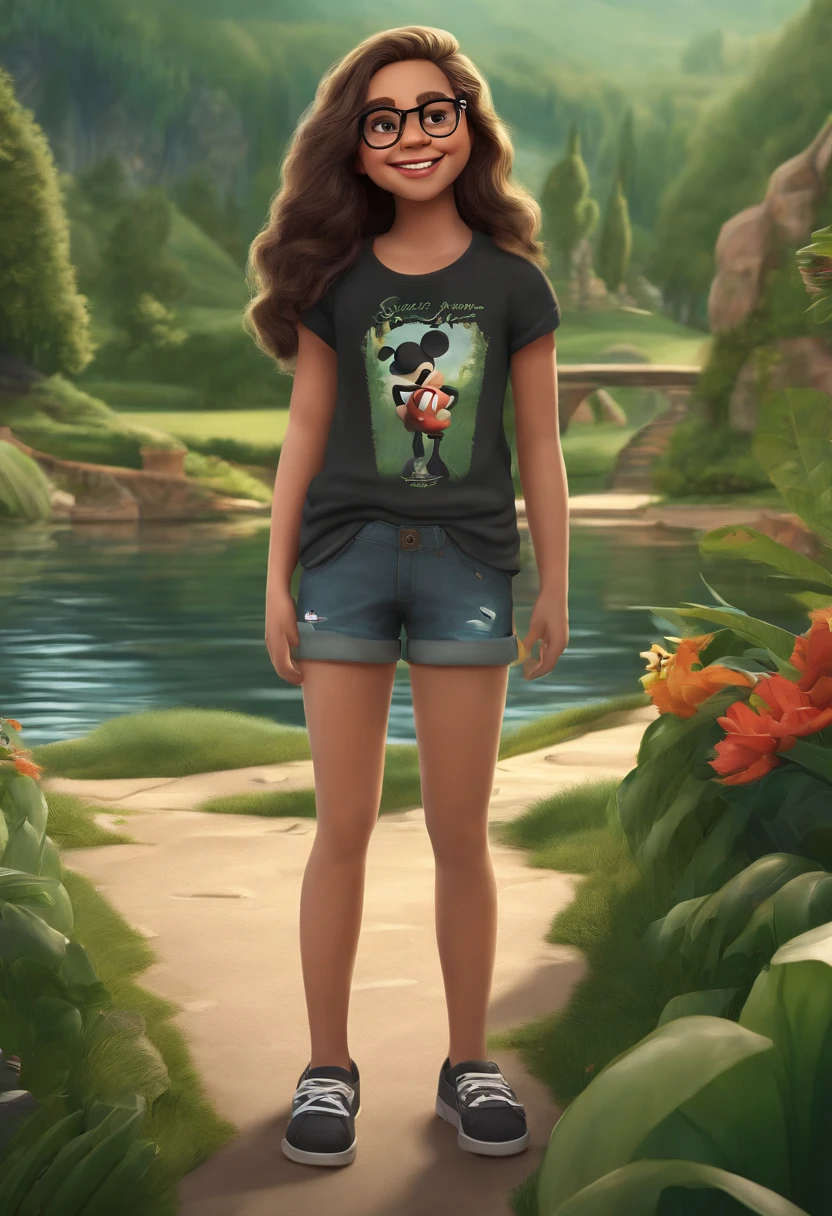 3D poster inspired by PIXAR capturing a scene in a green area with a lake, A fair-skinned 14-year-old full body girl smiling with long hair below her waist with slight curl of black color with glasses, Right leg bandaged Dark grey Mickey Mouse T-shirt with black loose denim shorts with black laceless sneakers.