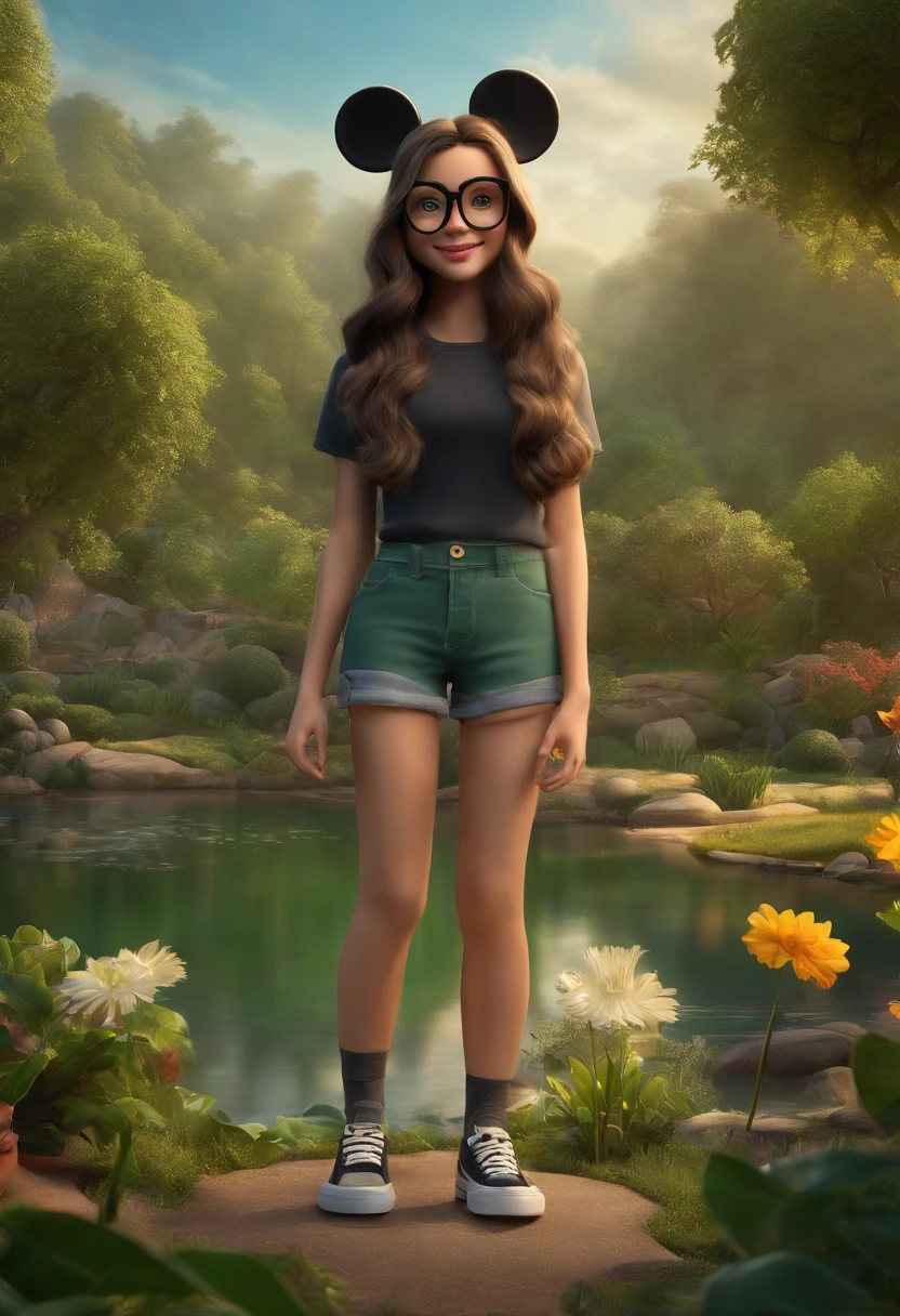 3D poster inspired by PIXAR capturing a scene in a green area with a lake, A fair-skinned -yeld fubody girl smiling with long hair below her waist with slight curl of black color with glasses, Right leg bandaged Dark grey Mickey Mouse T-shirt with black loose denim shorts with black laceless sneakers.