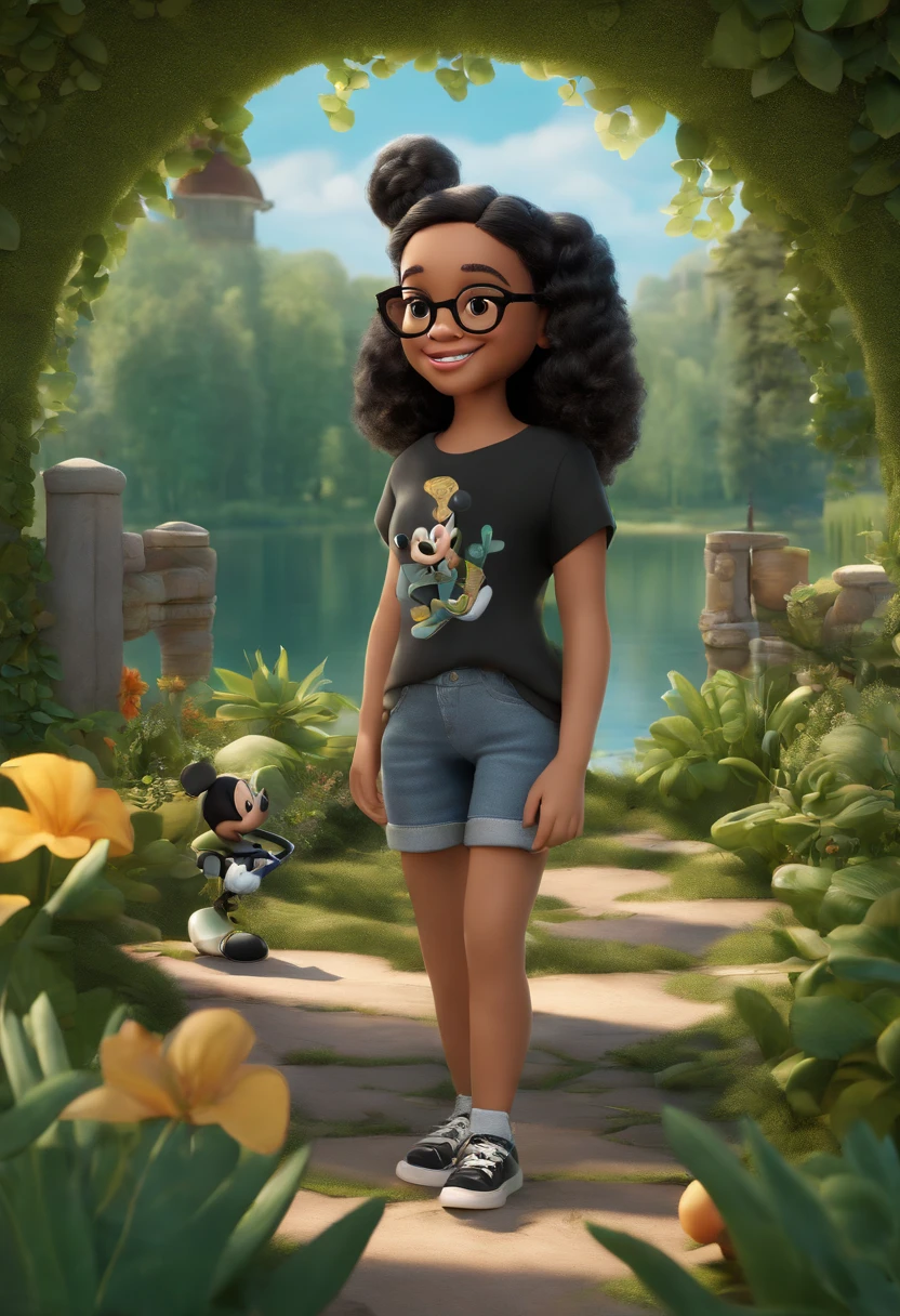 3D poster inspired by PIXAR capturing a scene in a green area with a lake, A fair-skinned 14-year-old full body girl smiling with long hair below her waist with slight curl of black color with glasses, Right leg bandaged Dark grey Mickey Mouse T-shirt with black loose denim shorts with black laceless sneakers.