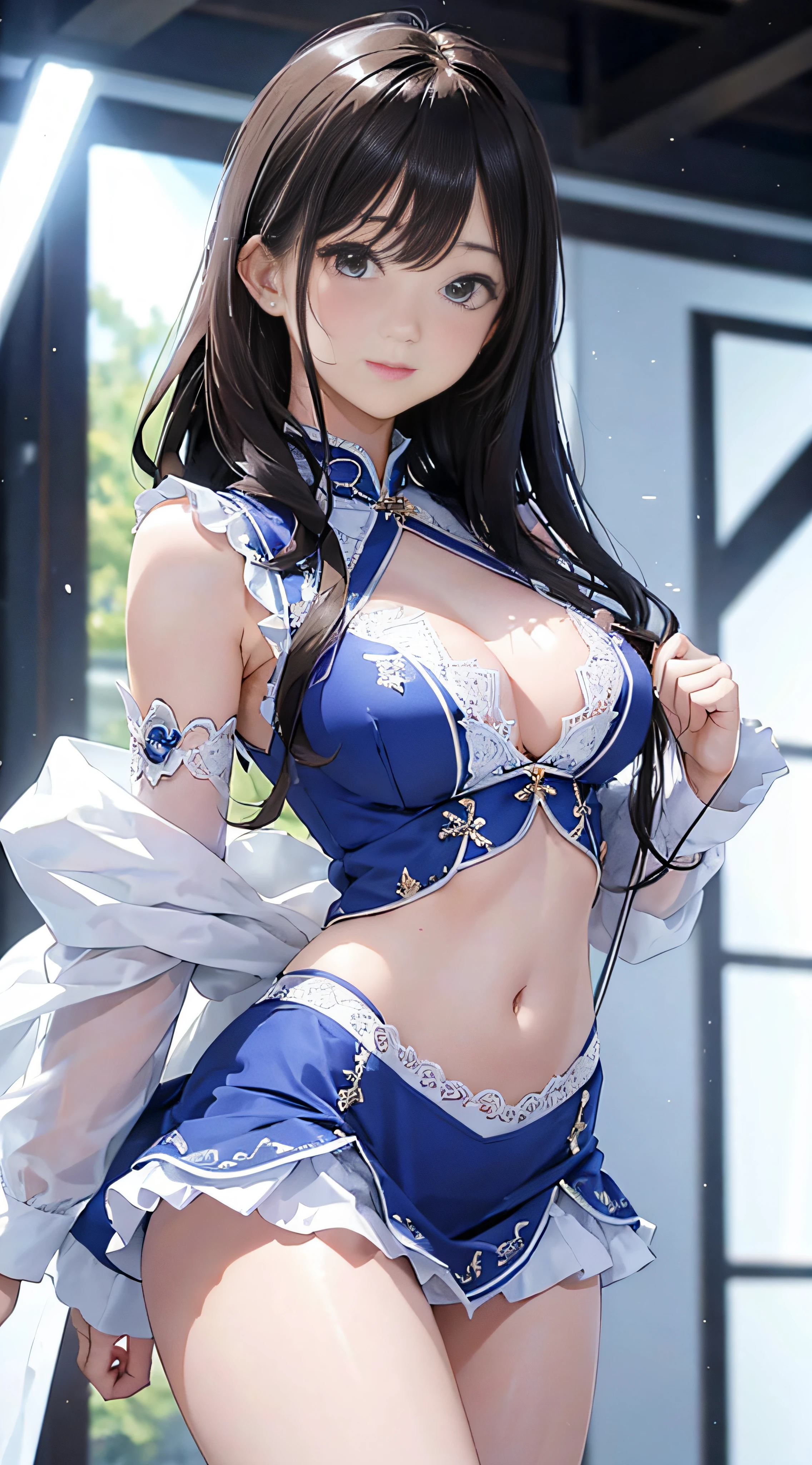 {8K Photo Quality:1.2}、{Ultra-high resolution photo quality:1.2}、{Super Real 1.2}、{Perfect limbs}、masutepiece、1womanl、Solo、The queen of white and blue lace、Companion Costume、tight short skirt、Before the pit of the race、Leaning forward to emphasize the chest、Shyness、Dynamic sexy poses、smil、Long Wave Hair、Left hand on hip
