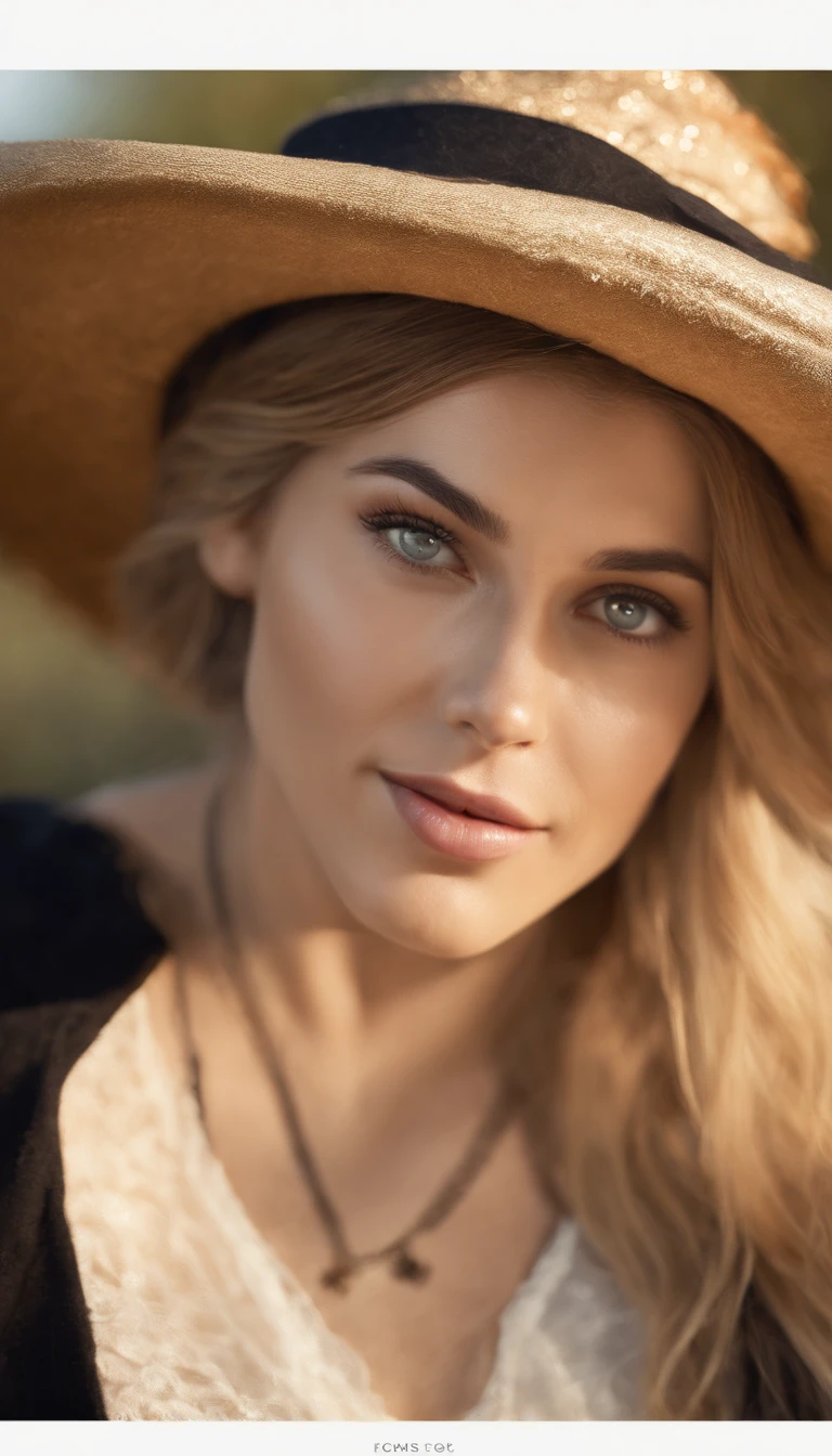 (ultra realista), ( Super detailed ), High resolution (8k), Altamente detallado, La mejor calidad, Ojos verdes hermosos y detallados, better resolution, Ultra detallado, Obra maestra, photography portrait, Cara detallada, Poro facial, mujer joven, Joven muy hermosa, Hermosa joven, Color de cabello rubio trigo brillante, Cabello largo, Ligeras pecas en la cara, pechos enormes, Sombrero de bruja verde con cinta negra, Ojos verde esmeralda, Mirada profunda, Intense Consideration, front facing camera, Eyes fixed on the camera, boca cerrada, realistic lighting (1.1), double eyelidwork, Black mascara around the eyes, fondo oscuro, Ambiente de Halloween, Calabaza, bats, luna.
