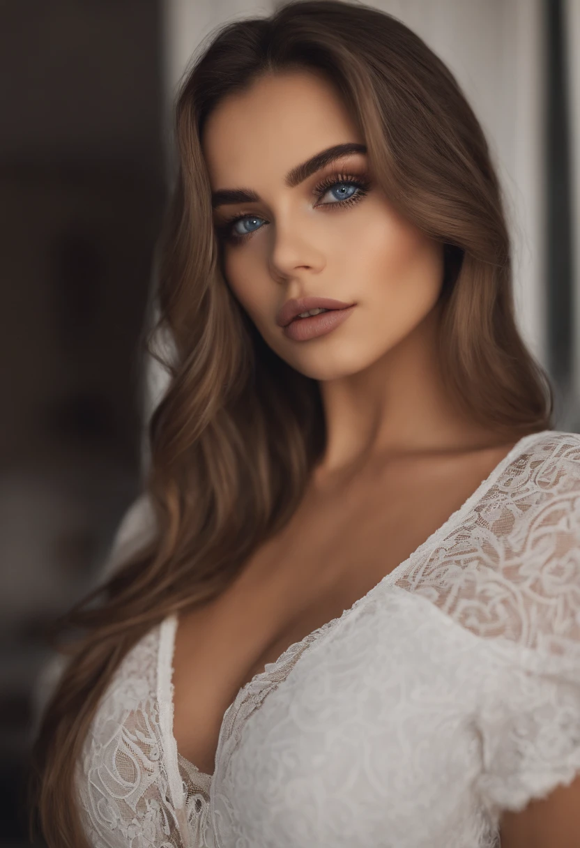 woman fully , 2 sexy girls , 1 with brown eyes, ultra realistic, meticulously detailed, brunette long hair, 1 long flowy blonde hair with blue eyes selfie of a young woman, bedroom , natural makeup, sexy lingerie, face with artgram, stunning full body .in a bedroom large size bust; large butt.