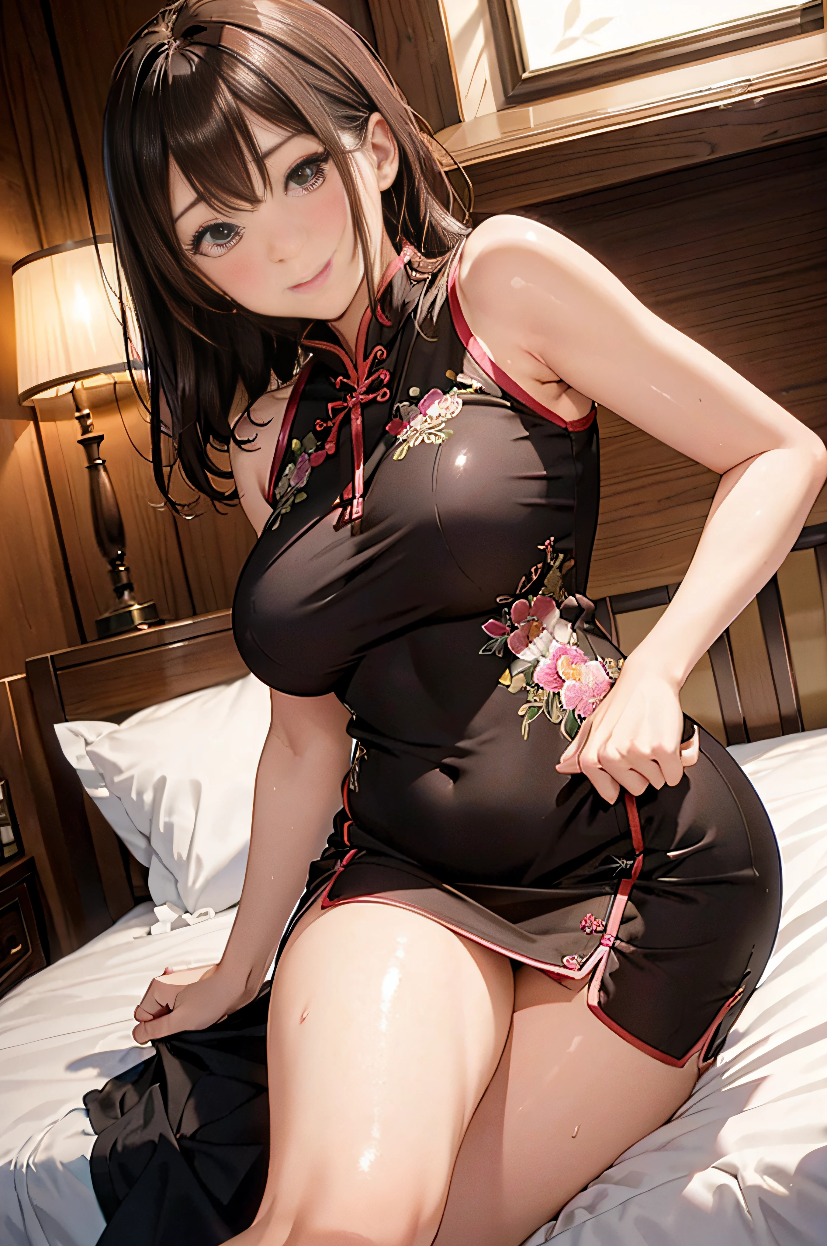 masutepiece,Best Quality,High resolution,Fine details,Solo,Adult Woman,blush,Curve,Large breasts,Sweat,Oily skin,(Brightly colored embroidered cheongsam),(On a luxury hotel bed)、Dark brown longhair、Shy laughter、Stretch the hem of the buttocks with a slouch