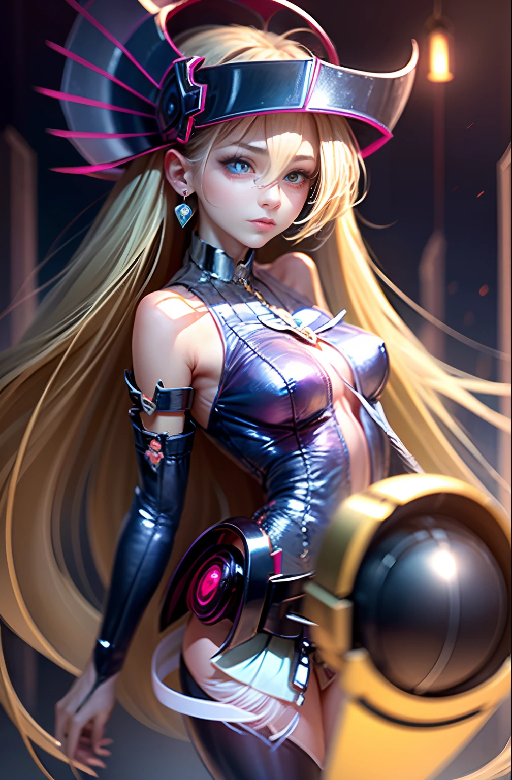 Una masterpice、La mejor calidad、(1 girl in)、(dark magician gils:1.3)、En el cielo nocturno、luces、por la noche、ojos verdes、Fondo magia、Mini falda plisada azul oscuro:1.3, maga oscura :1.2、Blanco,tejido fino:1.2,Cuello azul oscuro:1.1,Large bust:1.2,cabello rubio:1.2,sonrisa ligera, red ribbon、Adornos para el cabello、red bow、Broche、heart brooch:1.2、arete、creciente、heart necklace、Heart Mark、Pelo extra muy largo、Pendientes de media luna、collar amarillo、Botas largas de media luna、Botas rojas hasta la rodilla:1.1、piernas largas, falda grieta:1.5