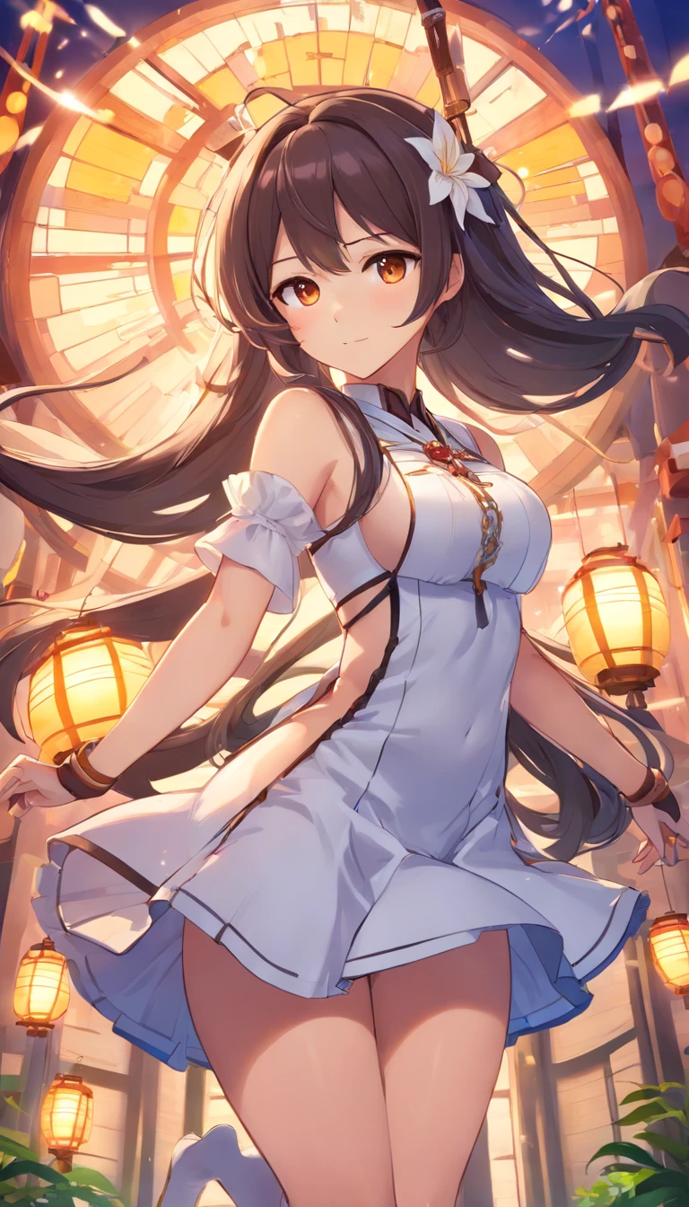 masterpiece, best quality, 1girl, illustrious (maiden lily's radiance) (azur lane), black locks hair, very long hair, brown eyes, hair ornaments, dark skin, curvy, breasts, cleavage, olmec dress, native clothes, official alternate costume, white thighhighs, garter straps, short sleeves, american commentary, lantern,