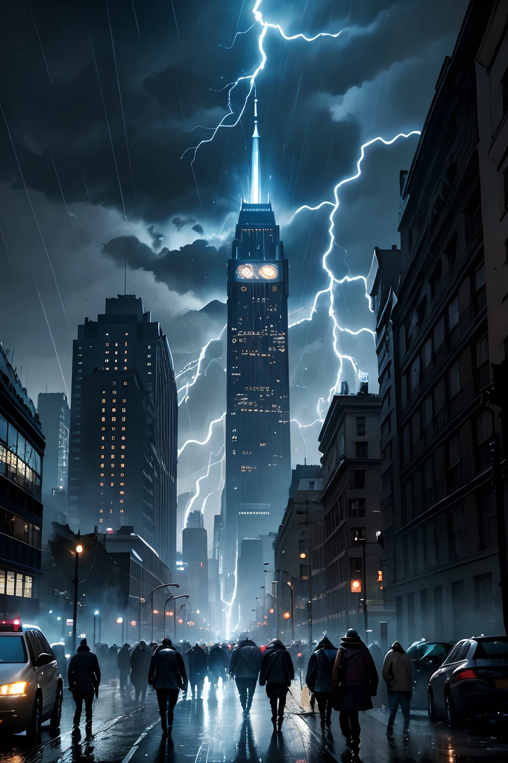 Nas ruas sombrias de Gotham, Torrential rain falls relentlessly as white and blue lightning tears across the night sky. O Batman, ferido e exausto, Face off against a horde of bloodthirsty criminals. In the midst of all this, include many explosions, sangue nas ruas e paredes, a meteor falling from the open sky to the ground in Gotham.