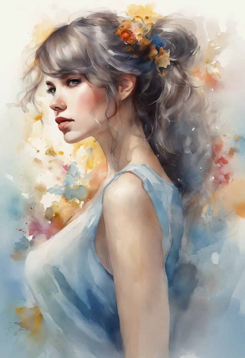 (masterpiece), (best quality), (ultra detailed),(disheveled hair),(illustration), (1girl), (Fashionable clothing), standing, Fashion model, looking at viewer, (interview), (simple background),beautiful detailed eyes, delicate beautiful face, Floating,(high saturation),(colorful splashes),colorful bubble,(shining), focus on face,  ponytail, kamisato ayaka, light blue hair, bangs, hair ring, floating flowers, floating hairs, (shining), best lighting, best shadow,