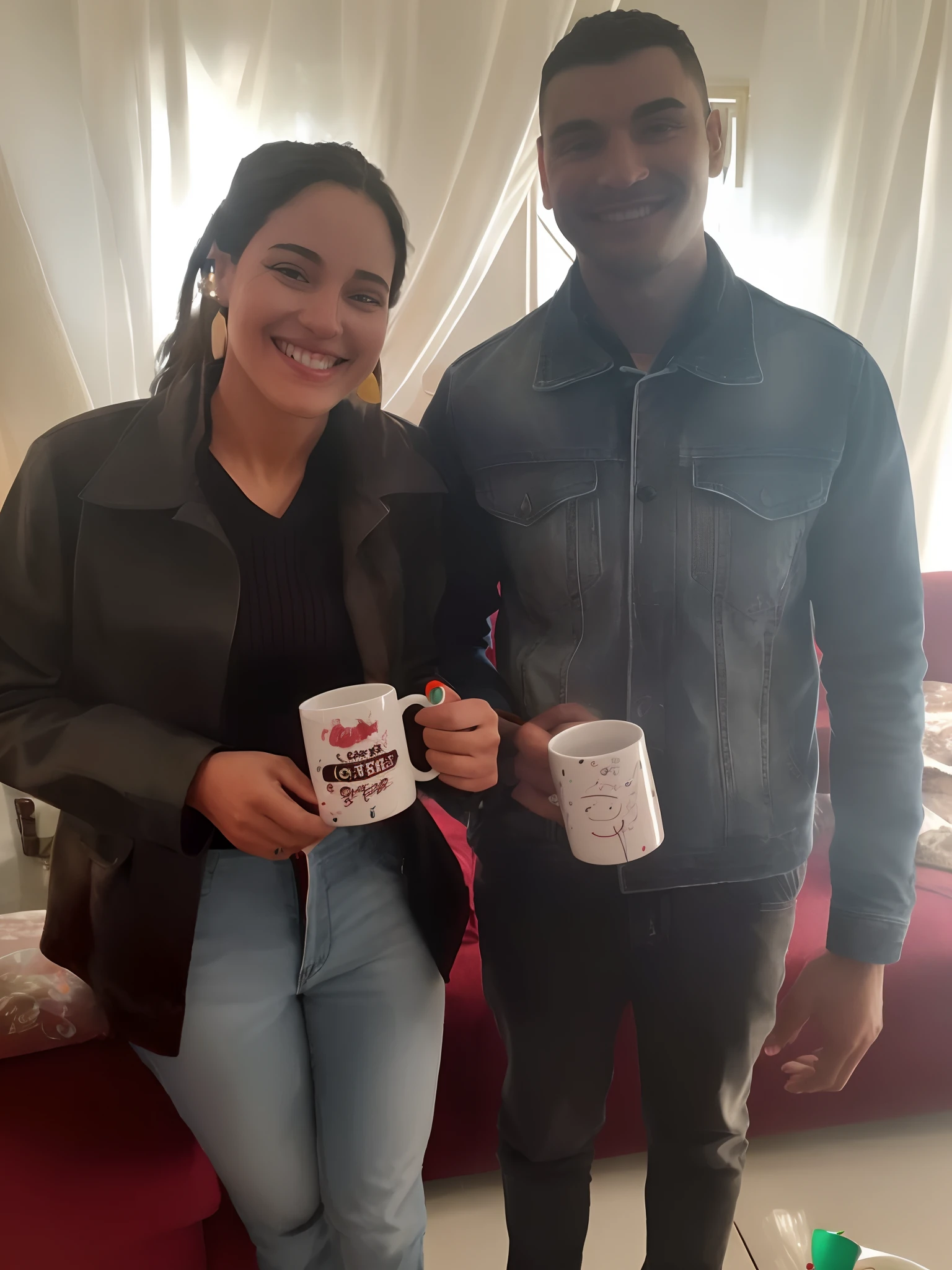 Smiling couple holding coffee mugs in front of a red sofa, 😭🤮 💔, two cups of coffee, celebration of coffee products, com uma caneca branca,  Lovely couple, Casal feliz, Imagem DISNEY PIXAR ALTA QUALIDADE