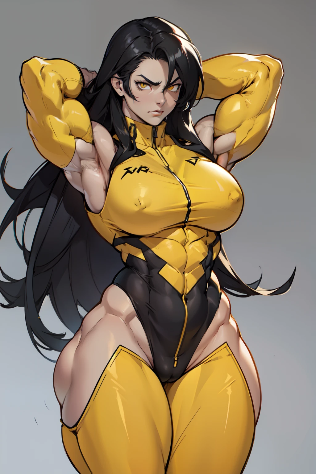 ((grey background)) pale skin black hair yellow eyes (very long hair) angry ((1 girl muscular toned body bodybuilder curvy wide hips thick thighs)) (solo) standing (arms over head) (skinsuit)