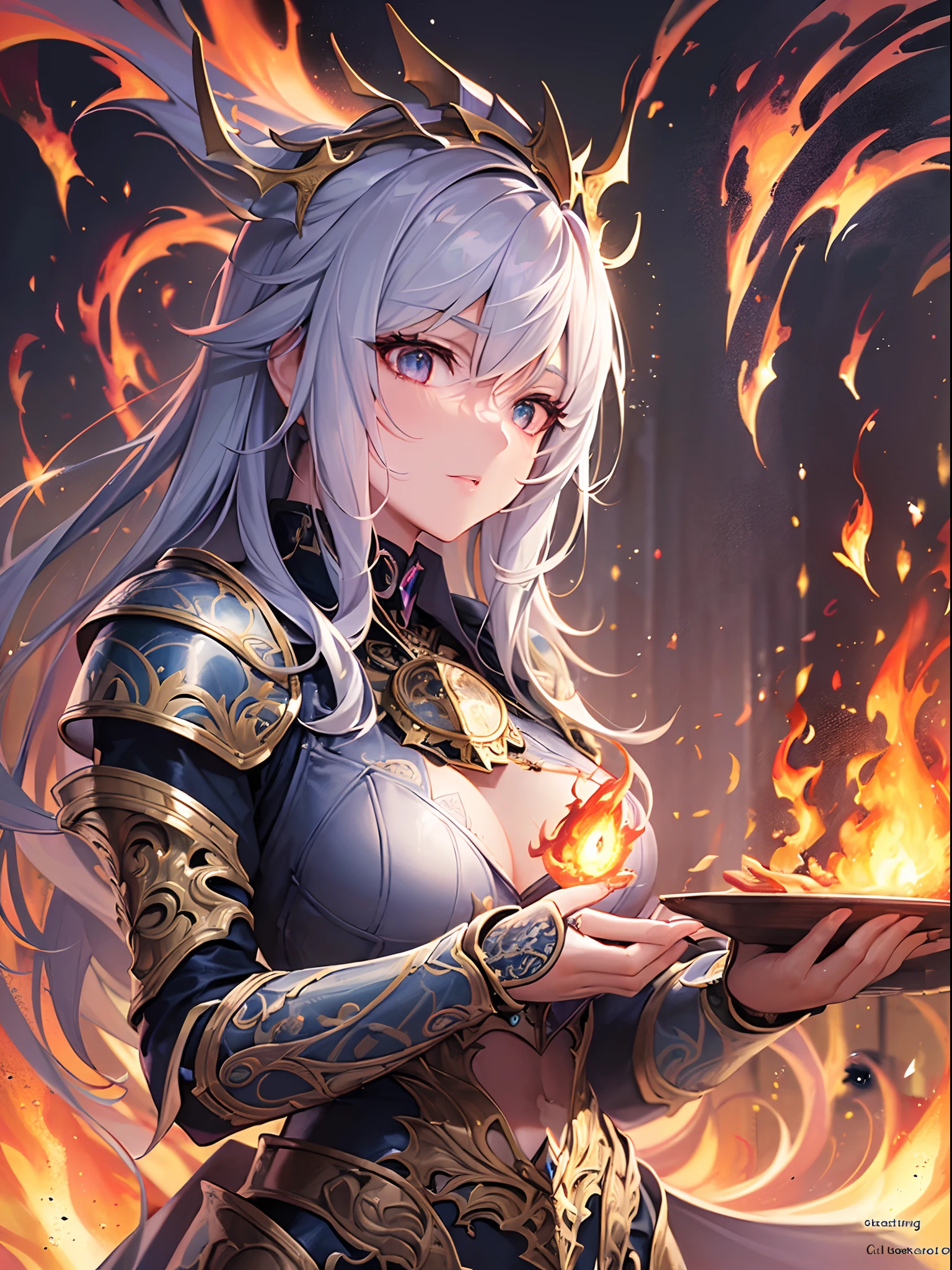 Finest quality)),(超A high resolution),(ultra-detailliert),(Meticulous portrayal),((Best Anime)),(Finest works of art),sharpnes,Clair,Ultra-Precision Art,The art of astounding depiction,Beautiful fantasy art with intricate and detailed details, (Flowing light:1.6),, (1 adult female:1.5),((Magic Knight:1.5)),(Magic armor with intricate and detailed beautiful reliefs:1.5),(Flames converging at the fingertips:1.3)