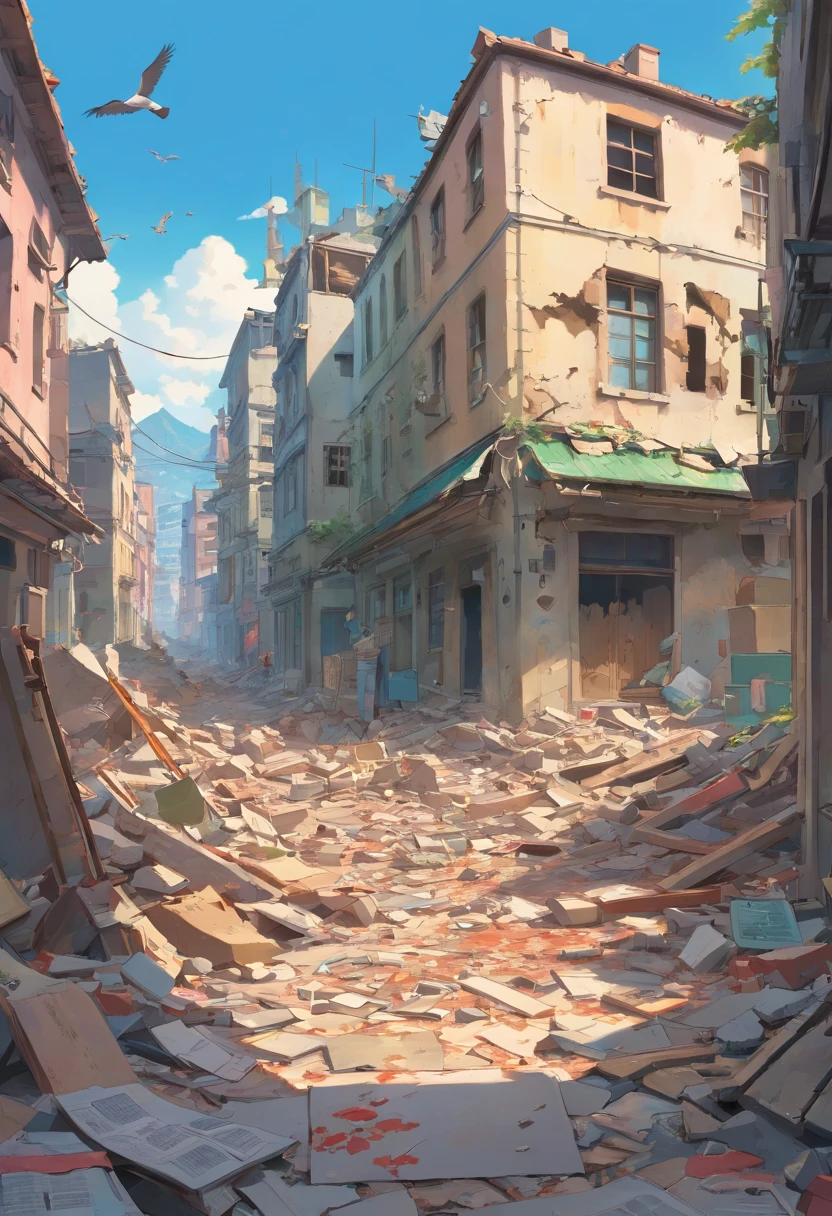 A war has taken place in the destroyed city, ruin homes and a birds eye view. News papers littered around the floor mixed with rubble in the town centre in the background a nuker boom gose off, anime still (no people)(gry sky)(old broken builds)