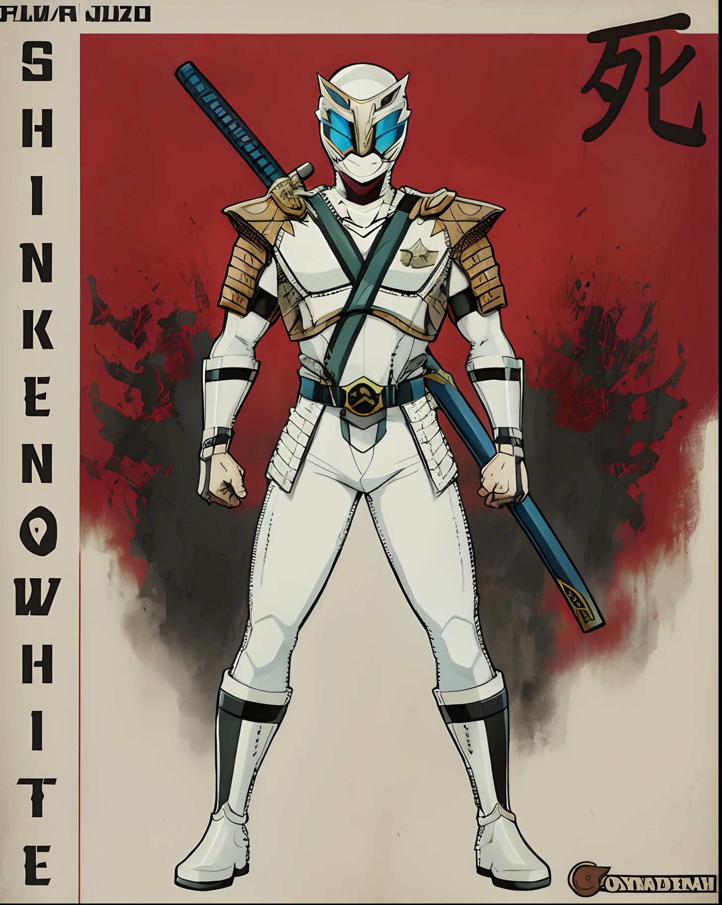 uma imagem dos desenhos animados de um homem em armadura com uma espada, armadura branca e vermelha, inspired by Ryūsei Kishida, the secret seventh power ranger, armadura de cor branca fosca, branco vermelho, white and blood color scheme, armadura branca e vermelha, Hidetaka Tenjin, inspirado em Okada Beisanjin, Tokusatsu