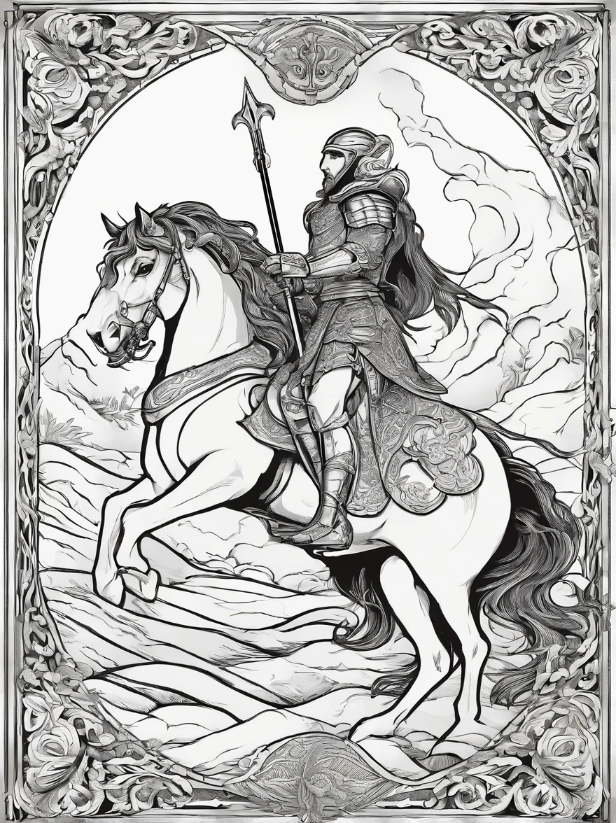 ((masterpiece), best quality, high quality, professional quality, highly detailed, highres, perfect lighting, natural lighting), coloring page, b&w, line art, (1boy, slender, handsome, facial hair, long hair, blonde hair), wearing wizard robes, riding a dragon, in a fantasy town