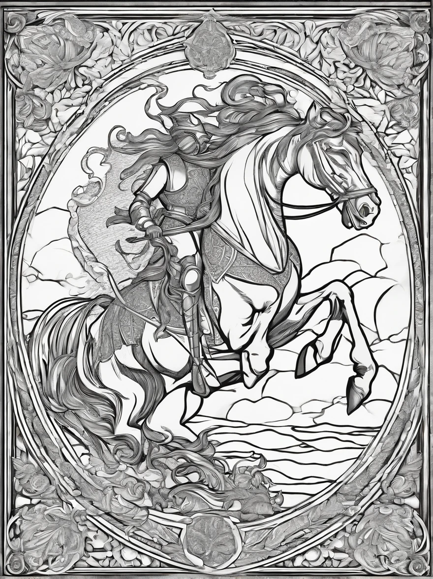 Imagine a black-and-white image of a medieval knight thrusting his spear into the dragon's chest, based on images of St. George, imagem em linhas, estilo livro para colorir, perfect hands, perfect feets. Cavalo perfeito