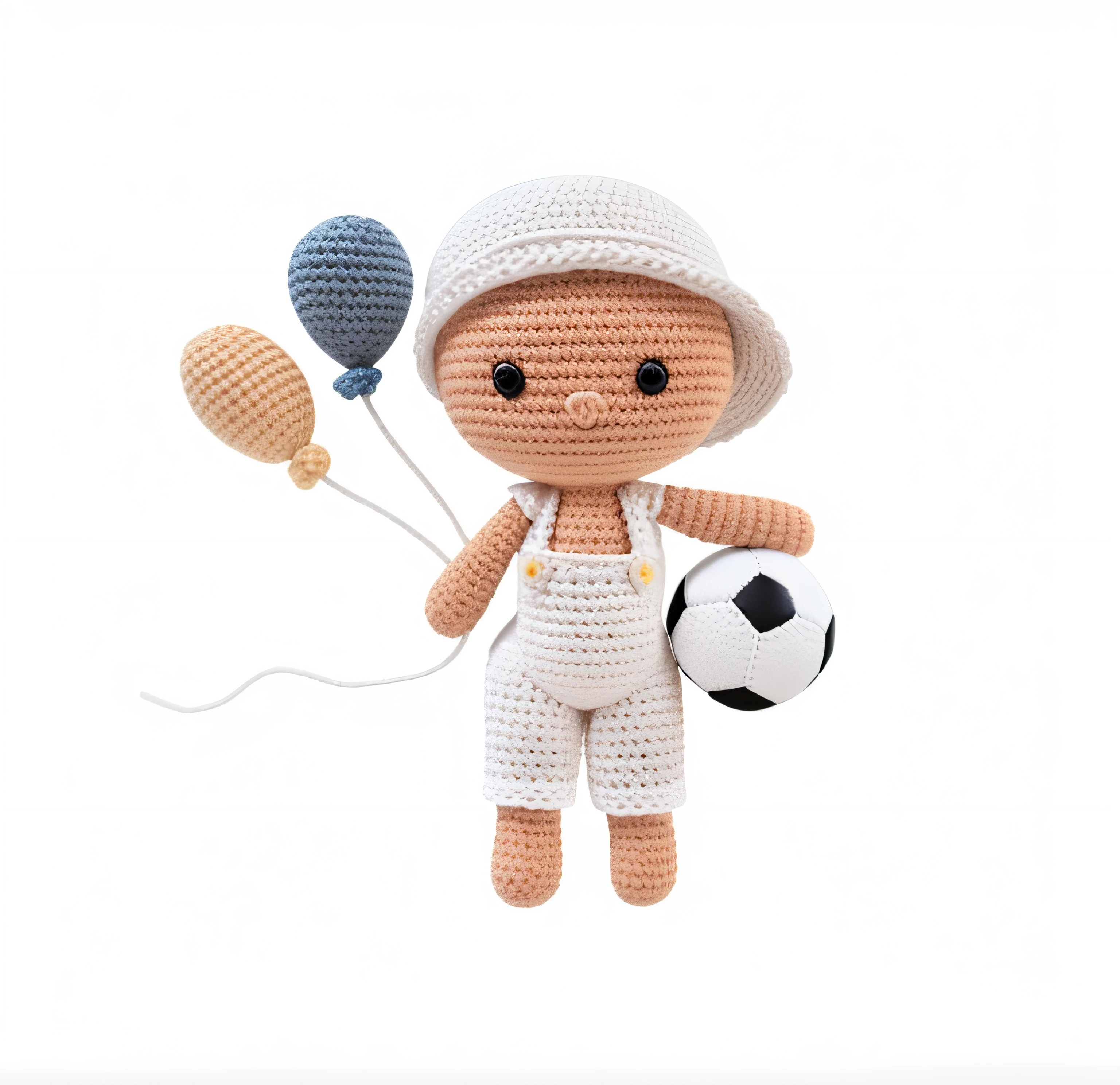 There's a crochet doll with a soccer ball and a balloon, jogador de futebol, inspirado no Mestre do Bambino Vispo, jogador de futebol, inspirado em Sam Havadtoy, A boneca Mekanik, balloon, garotinho, Amigurumi, Directed by: Emma Andijewska, Crochet, Kewpie, inspirado em Thomas Scholes, rapaz, crochet skin