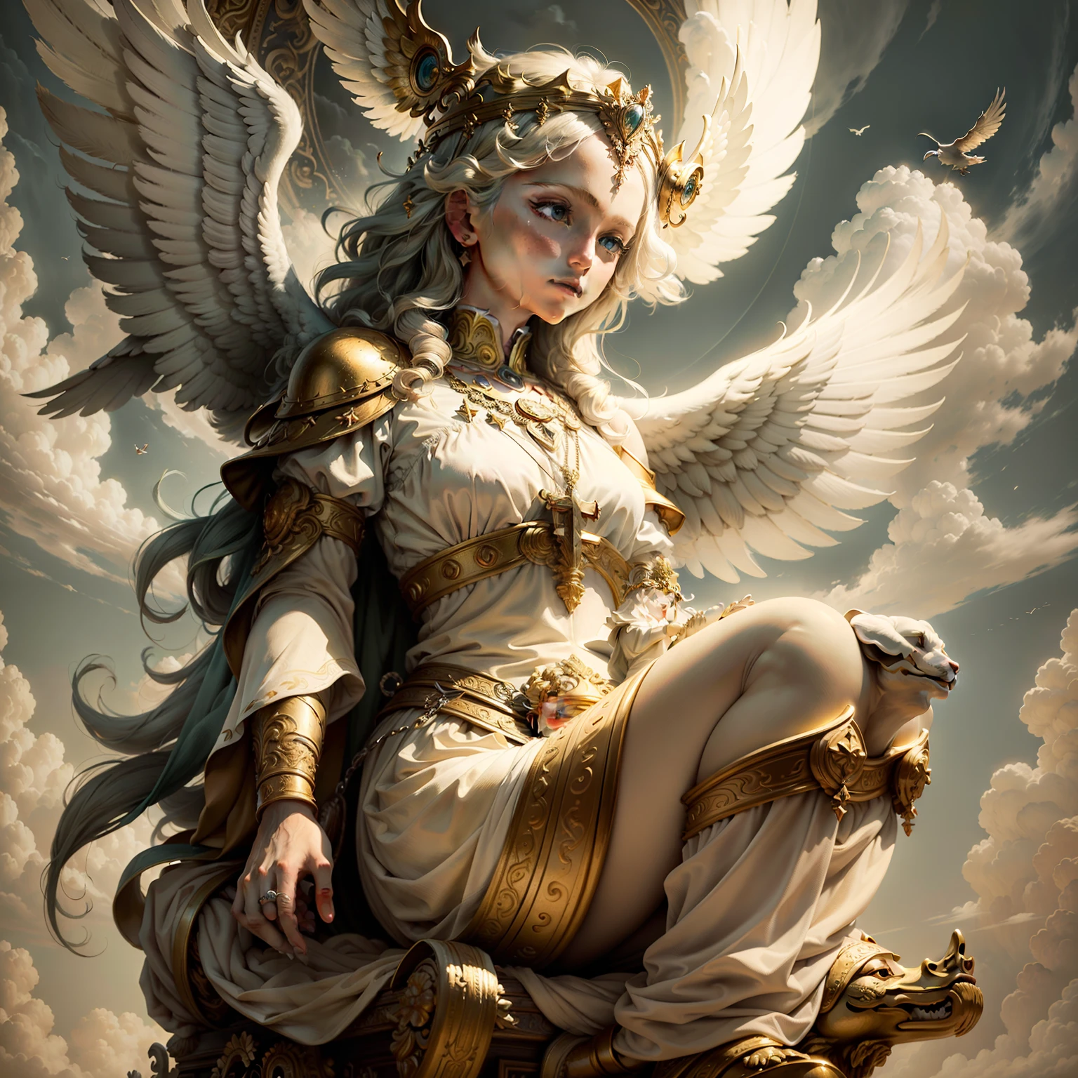Sacred art, God full of glory, majestic, sitting on a cherub flying in the sky, floating, fluffy golden clouds, golden tone, Halftones, Sacred art, Michelangelo,