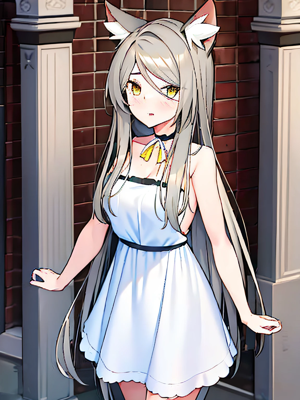 ((4k,masterpiece,best quality)), anime style, adult, dress conservatively, 1 girl, solo, silver hair, long hair, wolf ears, white, look at viewer, fluffy silver tail, (yellow eyes:1.15), long skirt, blue moomoo dress