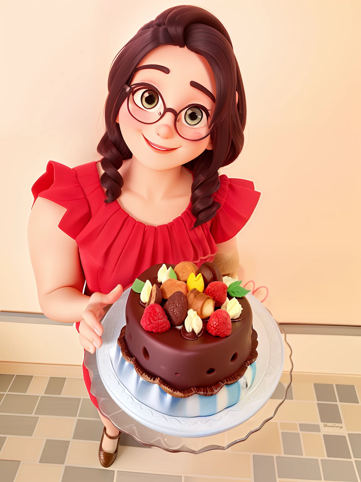 Uma mulher de cabelos cacheados sorrindo, iluminada pela luz do dia, segurando um prato com um delicioso bolo de chocolate com morangos.