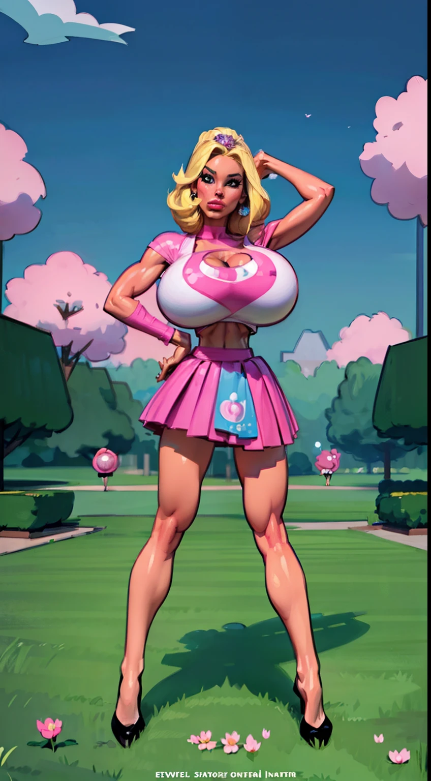 Create a detailed 4K scene of The Powerpuff Girls, ((Blossom, redhead, pink skirt)), ((Bubbles, blonde hair, blue skirt)) and ((Buttercup, black hair, green skirt)), in their classic formation. They are standing in an urban environment in the heart of Townsville, surrounded by colorful skyscrapers and a radiant blue sky. The Powerpuff Girls should be in confident and determined poses, highlighting their individual personalities. Blossom, the leader of the group, should be in the front, hands on her hips, with a serious expression and her eyes shining with intelligence. Bubbles, next to Blossom, should have a sweet smile and an optimistic posture, buttercup stands next to blossom, The backdrop around them should be bustling with life, with Townsville citizens looking on in admiration, (pale skin:1.2), (white skin:1.5), ((front view:1.3)), pale face, (puffy lips:1.4), (gigantic breasts:1.4), ((gigantic breasts:1.3)), design sheet, masterpiece, (slendered abs:1.2) ,detailed , shiny skin, beautiful lighting from the side, soft warm light,epic pose, dynamic movie poster, masterpiece, high definition, Extreme Detailed Portrait With Bokeh Effect , Realistic Lighting The scene should radiate the sense of courage and heroism that The Powerpuff Girls embody, with vibrant colors and stunning sharpness in every detail.