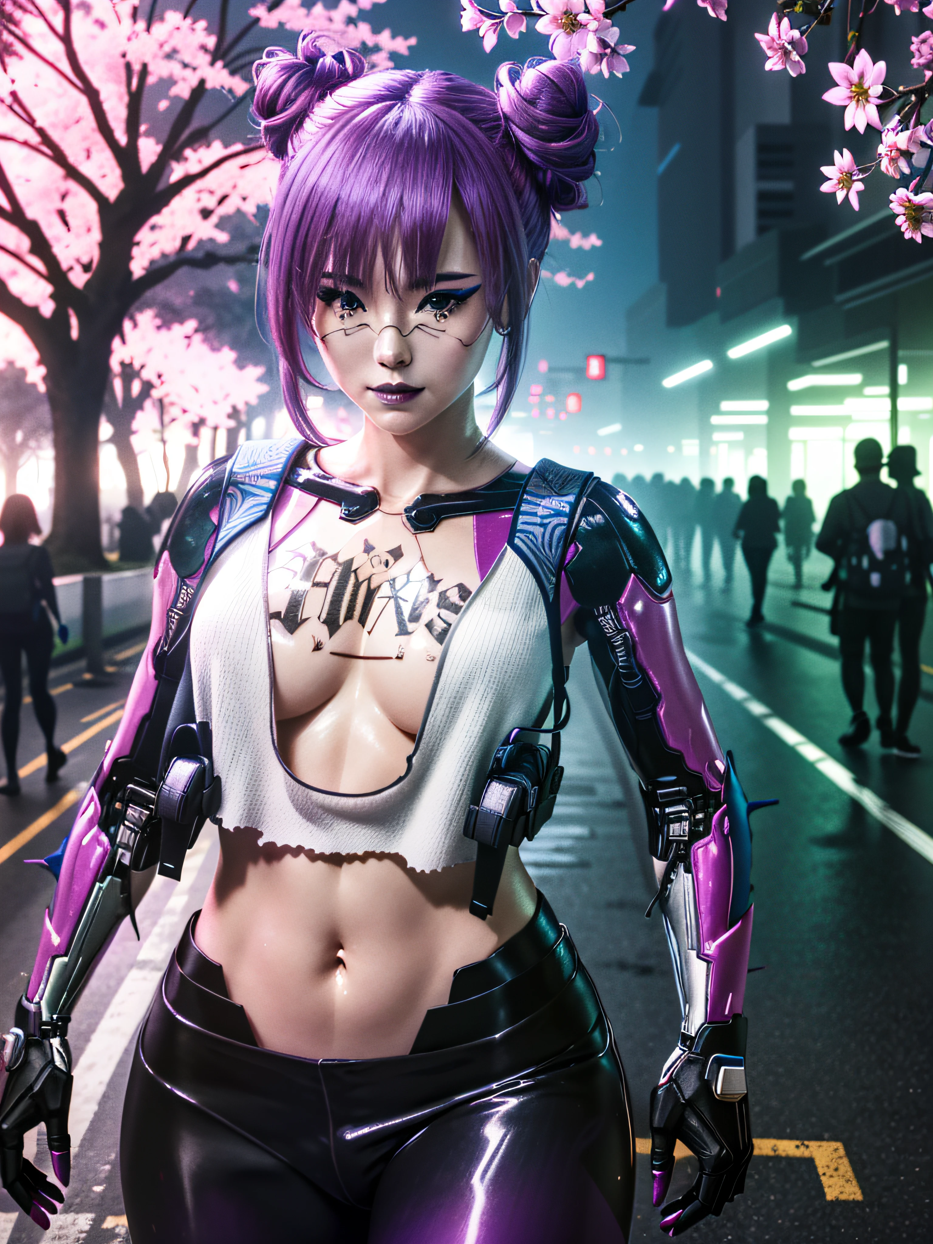 (masterpiece, best quality, highres:1.3)
CyberRitaMoxBouncer, 1girl, solo, tattoo, make up, white crop top, purple hair, double bun, cyborg, mechanical parts, walking in a japanese park, cherry blossoms,
