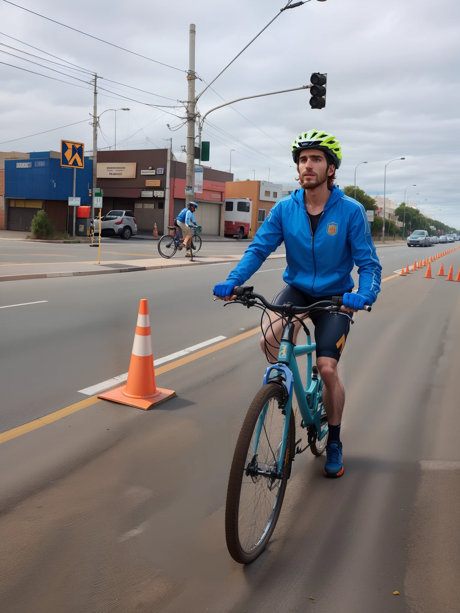 There's a man riding his bike on the street with traffic cones, Directed by: Marshall Arisman, Directed by: David Ruby, Motivacional, Directed by: Matt Stewart, imagem de um motociclista masculino, Directed by: Samuel Silva, Directed by: Judith Gutierrez, Directed by: Luis Miranda, com uma cidade em segundo plano, Directed by: Juan O'Gorman, por Dan Content, standing bravely on the road, competition winning
