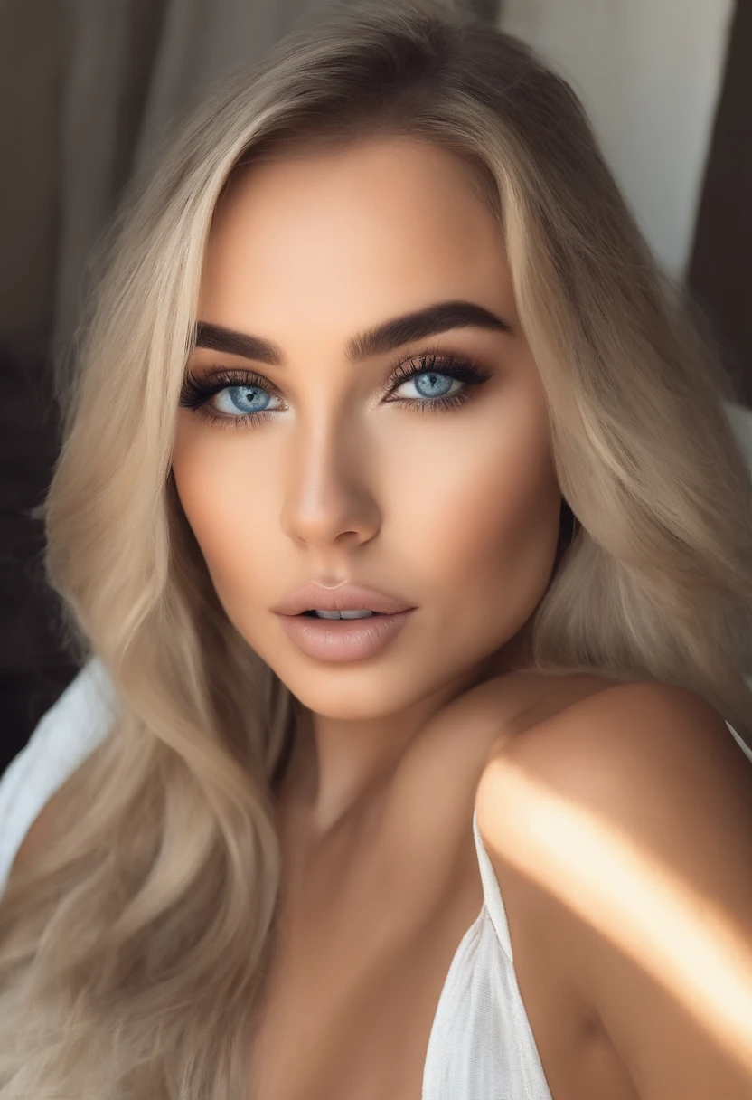 Chica sexy con ojos azules blonde, ultra realista, meticulosamente detallado, Retrato Sophie Mudd, ojos grandes, selfie de una mujer joven, Violeta Myers, sin maquillaje, Maquillaje natural, staring directly into camera, cara con artgram, maquillaje sutil, Impresionante foto de cuerpo completo arrodillado en la cama, big bust in sexy black lingerie in bed