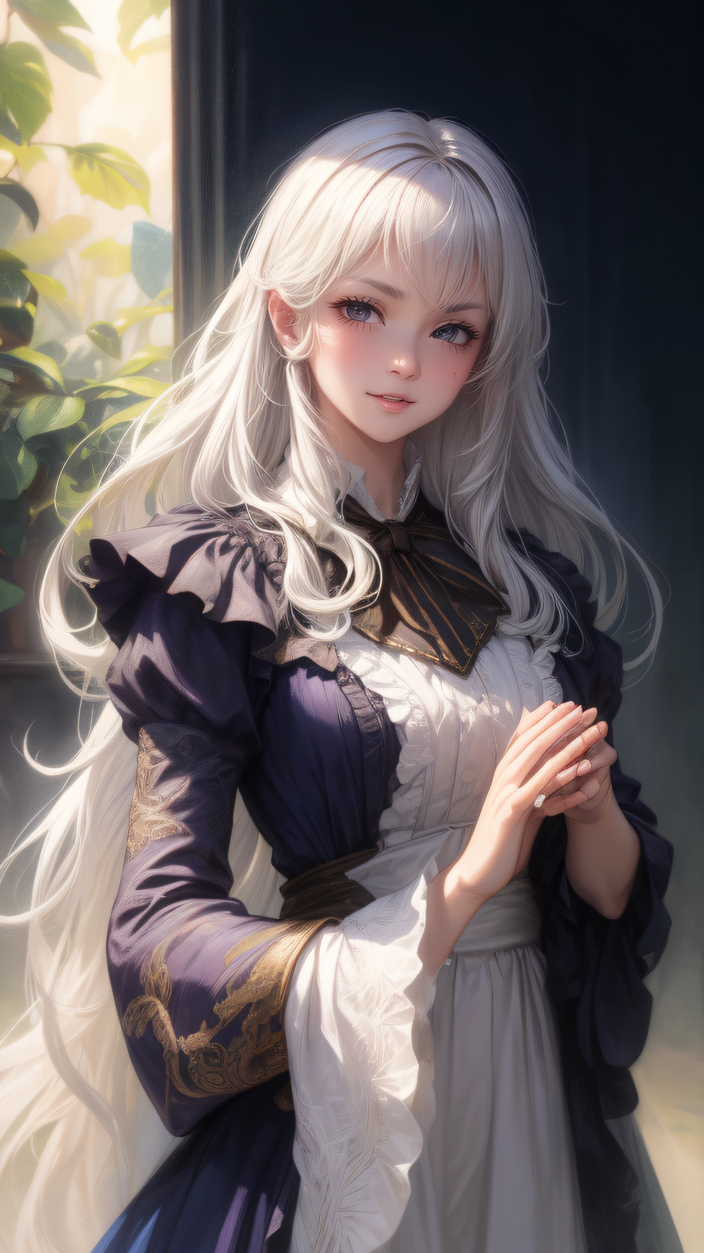 A woman with long white hair and a white dress is standing in front of ...
