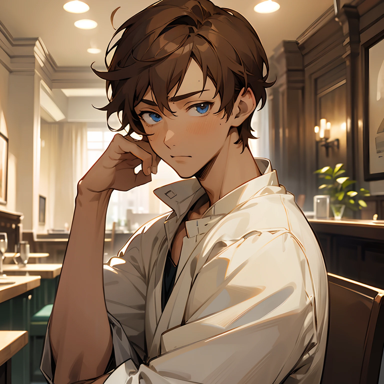 masterpiece, best quality, ((1anime man)), mature, light tan skin, ((brown hair)), blue eyes, fit, handsome, kind, shy, in love, background is a café