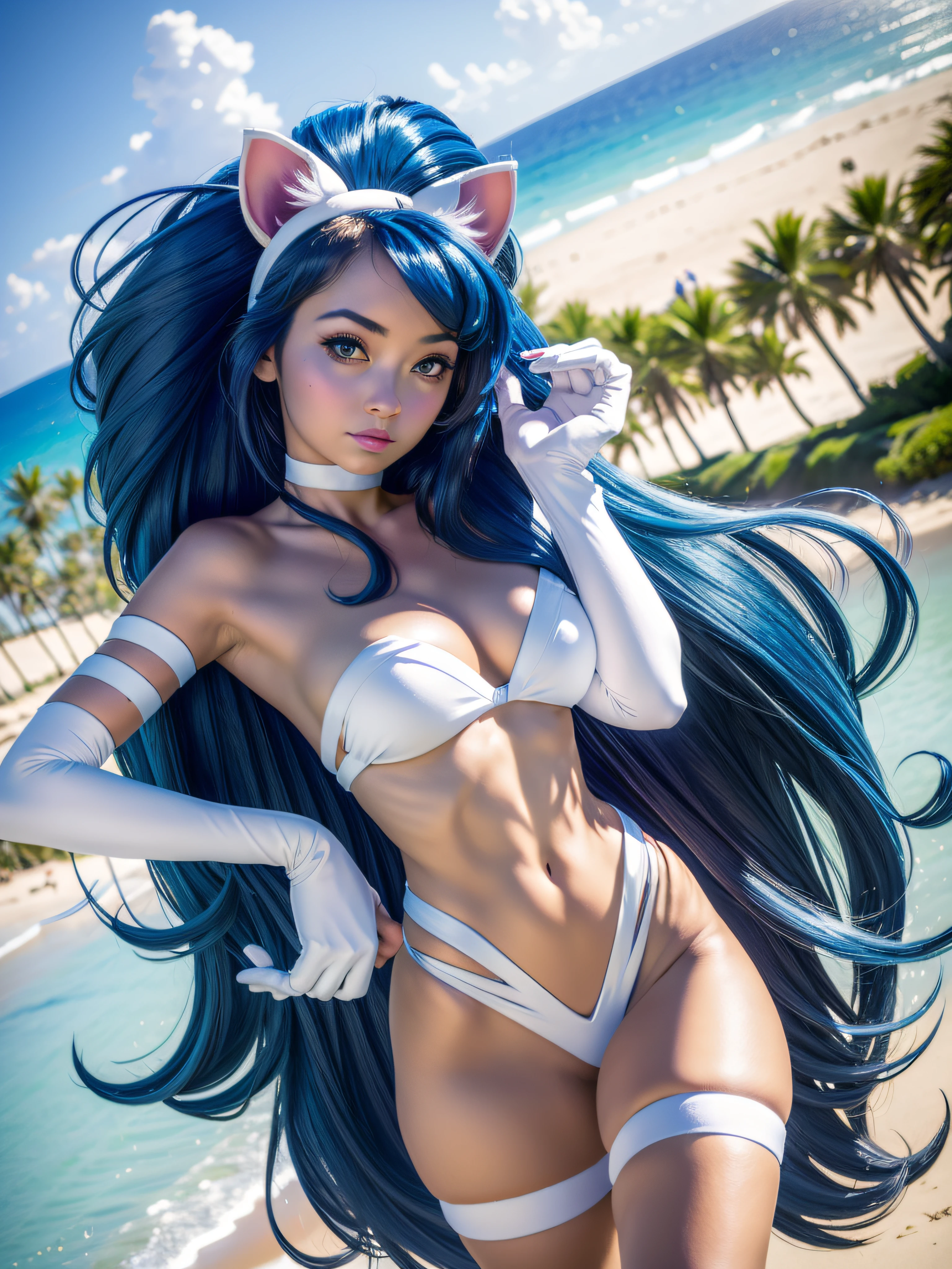 (masterpiece, best quality:1.3)
DarkstalkersFelicia, 1girl, solo, long hair, blue hair, cat ears, cat girl, at the beach, minidress, palm trees, sundown,