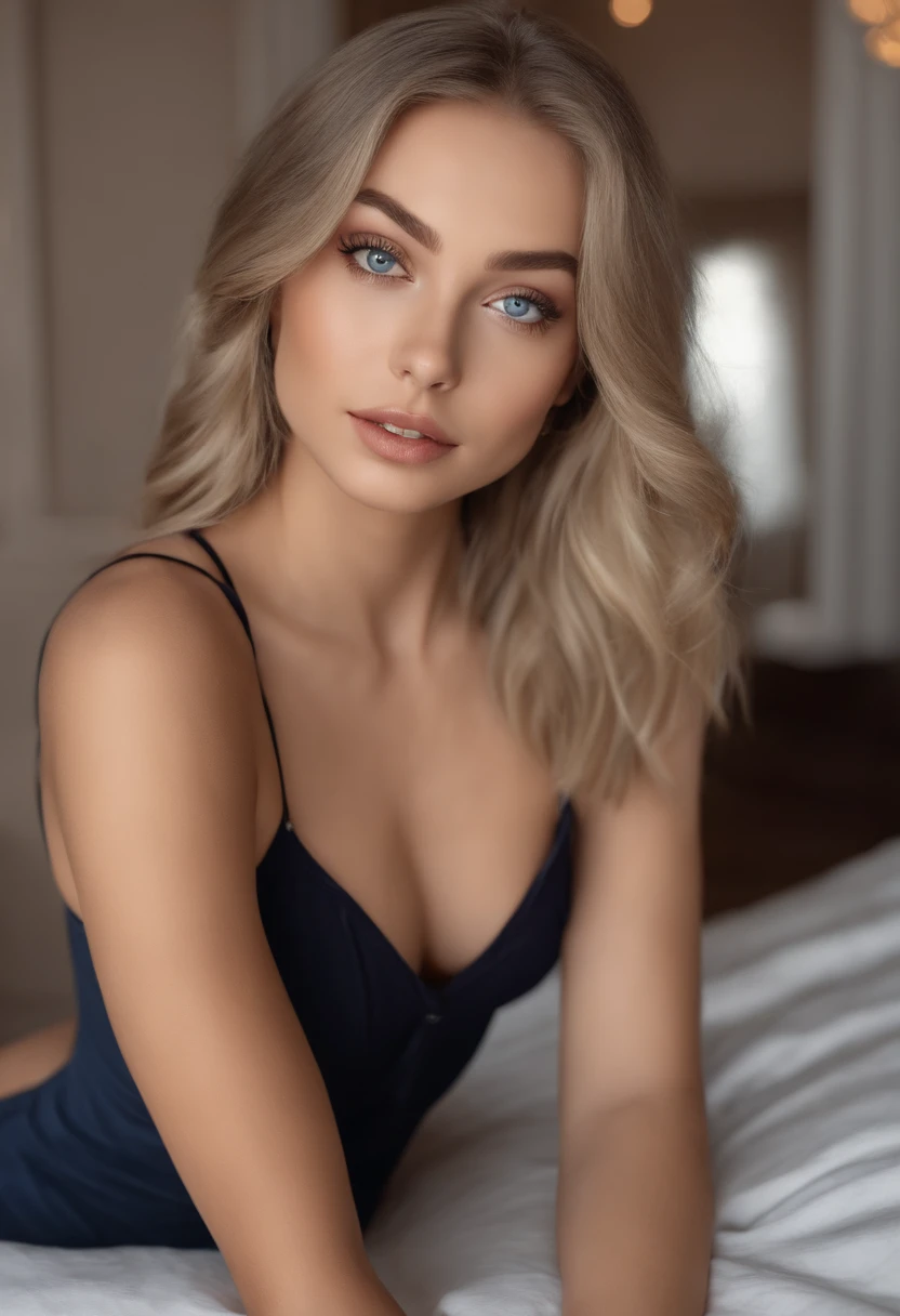 Totally Alafed Women , Sexy girl with blue eyes, A hyper-realistic, meticulously detailed, Portrait Sophie Mudd, blonde hair and large eyes, selfie of a young woman, bedroom eyes, Violet Myers, without makeup, Natural makeup, Looking directly at the camera, face with artgram, subtle makeup, Stunning full-body shot of kneeling on bed, at bedroom, Medium to large bust
