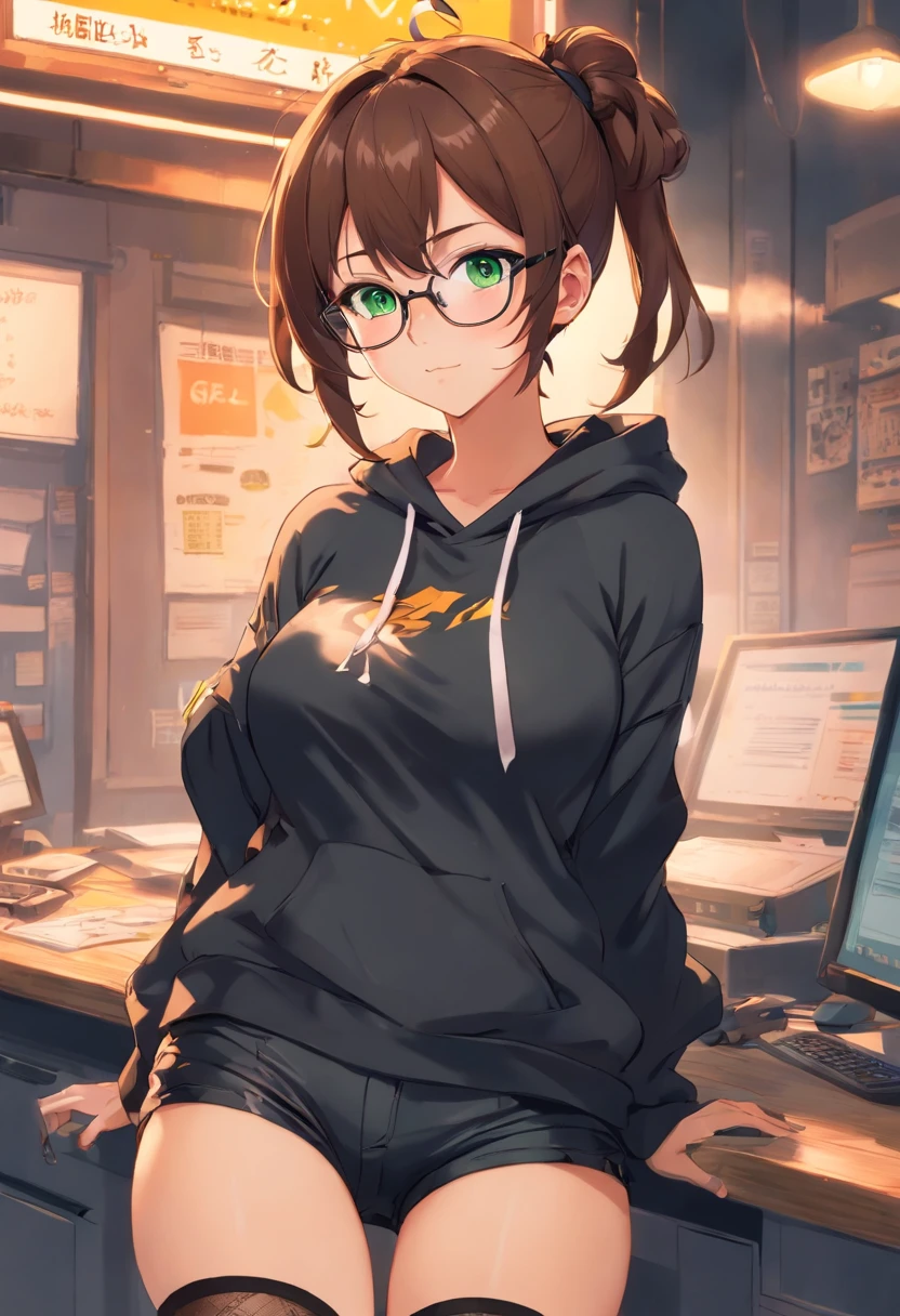 brown hair tied in messy bun, glasses, big boobs, green eyes, pointed ears, goth, black crop hoodie, black shorts, round glasses, black fishnet gloves and stockings, freckles, blushing, hentai, nsfw, sexual, having sex, big , , male x female, sex with viewer,
