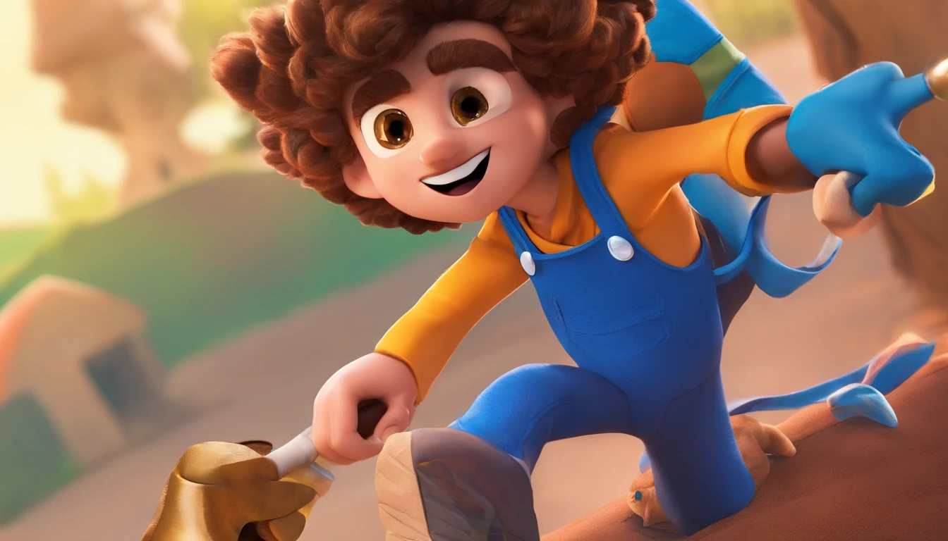 Garoto, estilo disney, tom de pele: :  Cabelo: preto  ondulado, curto, penteado para o lado direito. camisa: xadrez, Cor azul. Fundo: em bairro simples,  sorrindo, feliz, tocando berrante (estilo pixar) (obra-prima:1.2) (bokeh) (melhor qualidade) (pele detalhada) (textura detalhada) (8k) (claymation) (cinematic lighthing) (foco nítido