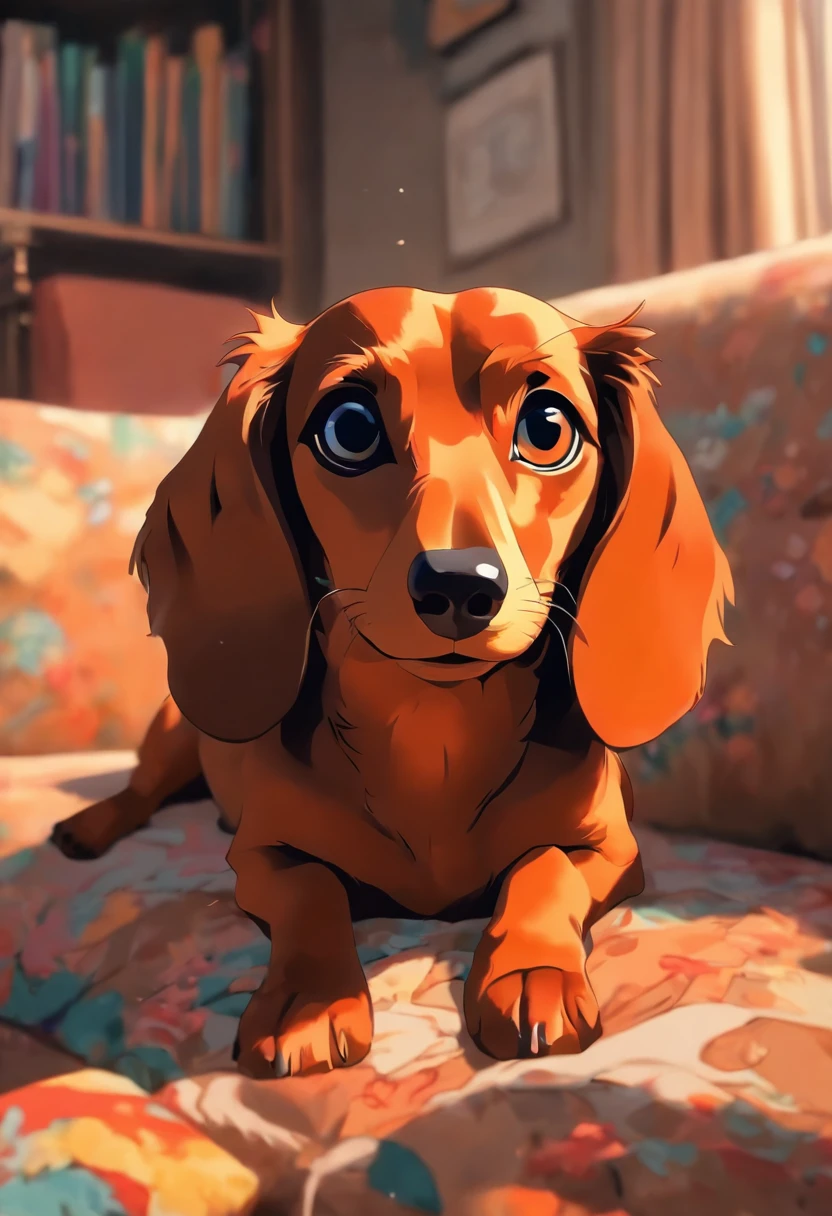 （The whole body is brown：1.8），Dachshund em miniatura marrom，on a couch，looking at the camera，（Shake your head：1.5），biologicamente correto