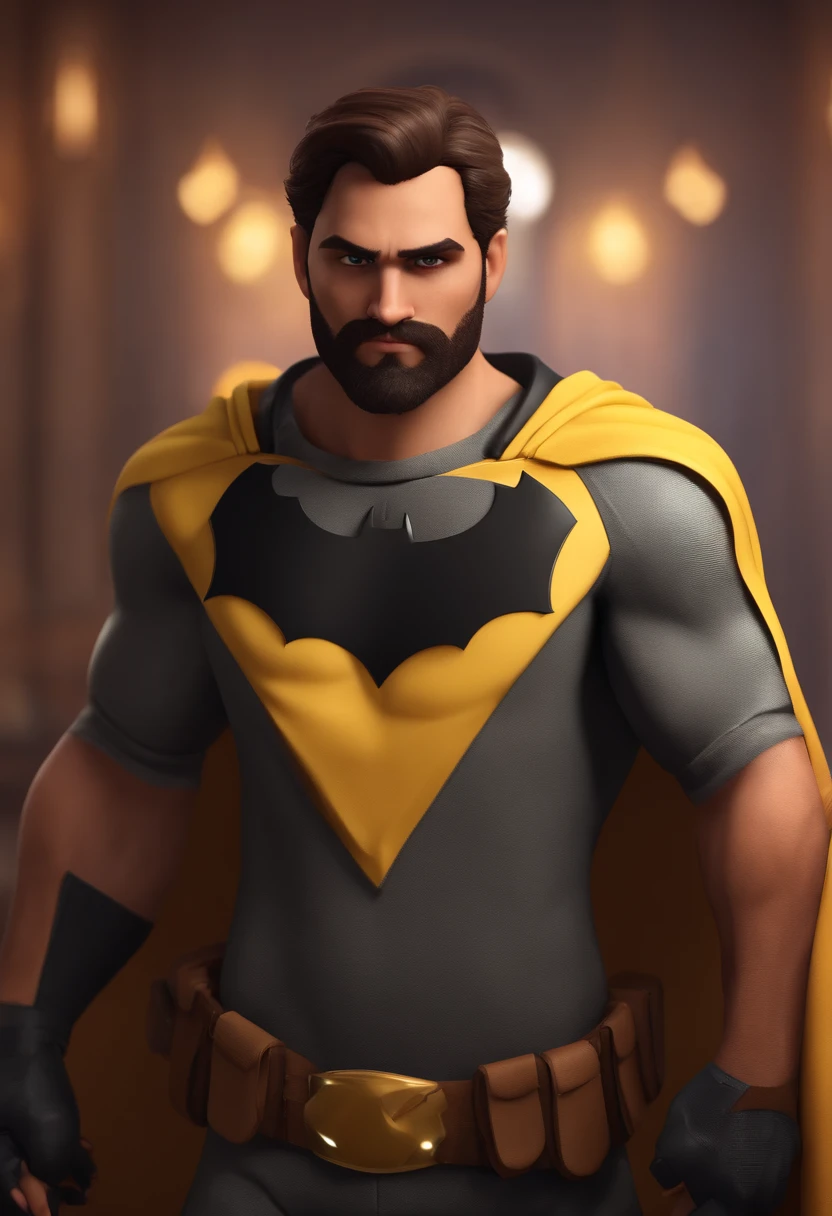 A video game player, baseado pixar, camisa do Batman , possui barba curta e cabelo curto , olhos castanhos