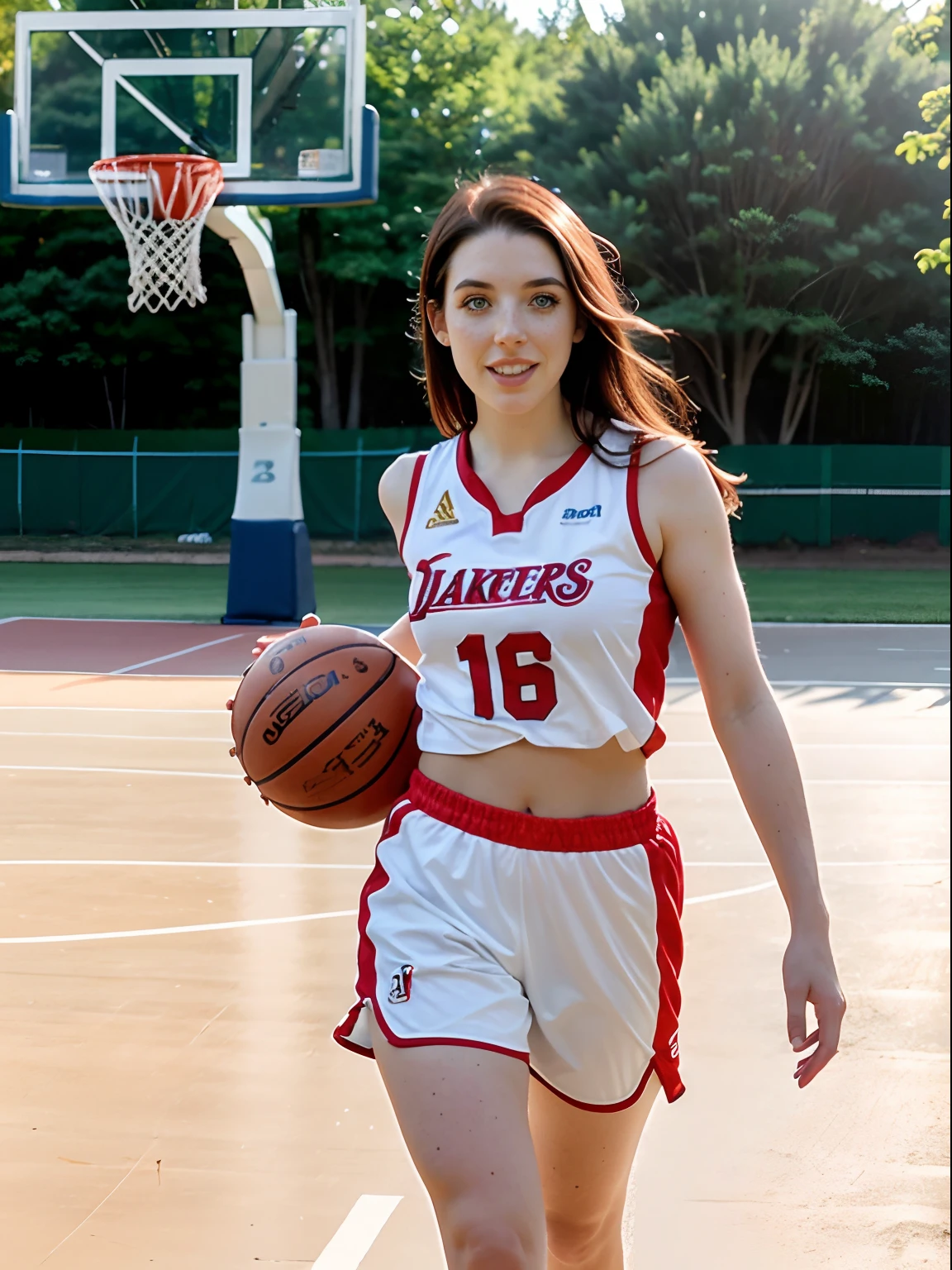 ultra-realistic photo of Angela White (25 years old, enigmatic eyes) | wearing shorts and top (women's basketball outfit | on an outdoor basketball court in chicago (billboards, double basketball, fences, basket, dry trees, hip-hop environment) | radiant day | ray rendering, ray tracing, dense spread | by Josan Gonzalez and Liang Mark (upper body photo), (walking towards viewer: 1.3), (hyper-realistic: 1.3), (portrait: 1.2), highly detailed, (highly detailed skin: 1.3), (freckles: 0.6), pores, (4k), backlit, light border | large breasts: 1.3, legs crossed