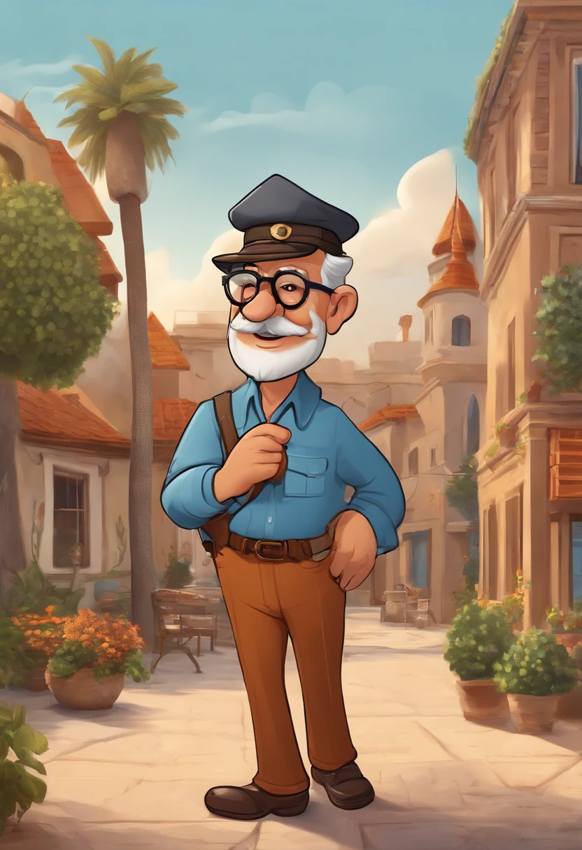 Cartoon character of an elderly man with aviator style prescription glasses and a blue shirt, animation character, with a moustache, a gray brandy, and a black cap, Wearing caramel pants