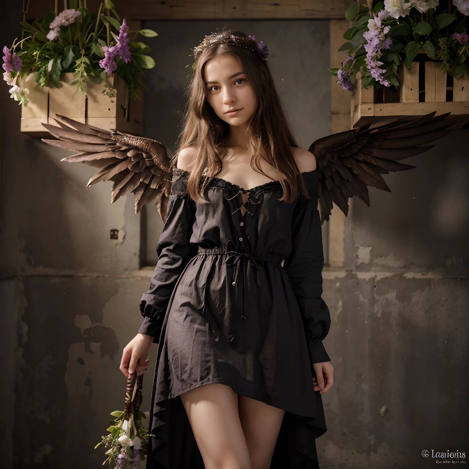 Jeune fille de 12 ans aux longs cheveux bruns et aux yeux verts pétillants. Elle porte une robe à fleurs violette avec des bottines marron et avec Petit dragon noir avec des écailles brillantes et des yeux jaunes malicieux. Il a de grandes ailes pourpres dans le dos et de la fumée qui lui sort des narines.