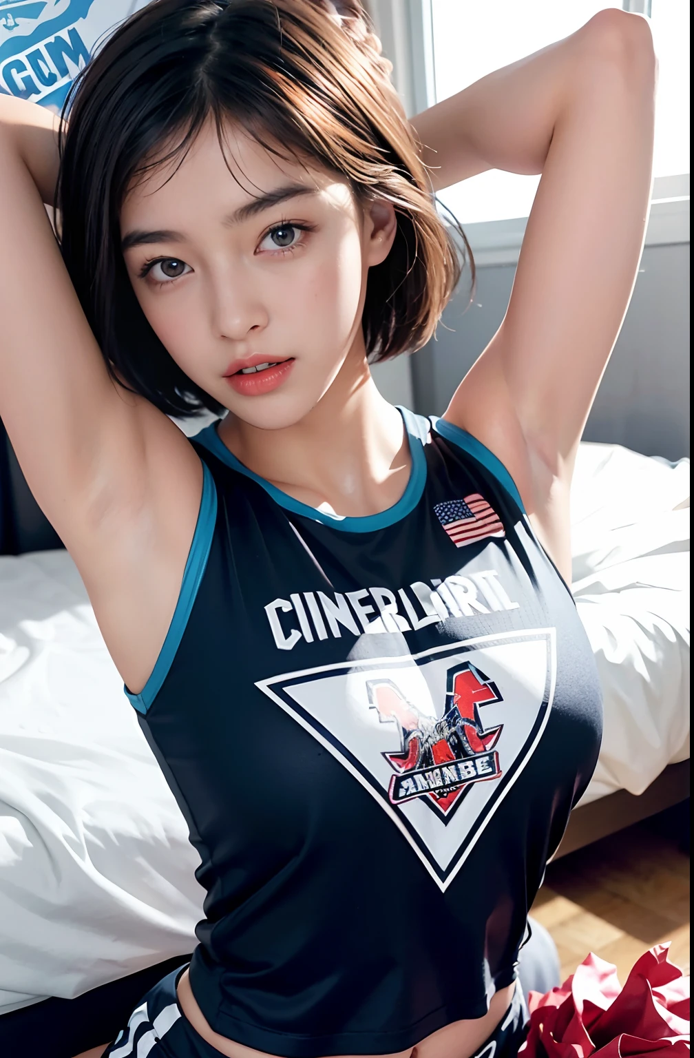 cheerleading,wearing cheerleading costume(Ultra Real), (Illustration), (High Resolution), (8K), (Very Detailed), (Best Illustration), (Beautiful Detailed Eyes), (Best Quality), (Ultra Detail), (Masterpiece), (Wallpaper), (Detailed Face), Droopy Eyes, Sweaty, Up Upper Body, Armpits, Short Hair, cheer costume,cheerleading costume,cheer girl costume,lying down on the bed,spreading her legs,exposed panties