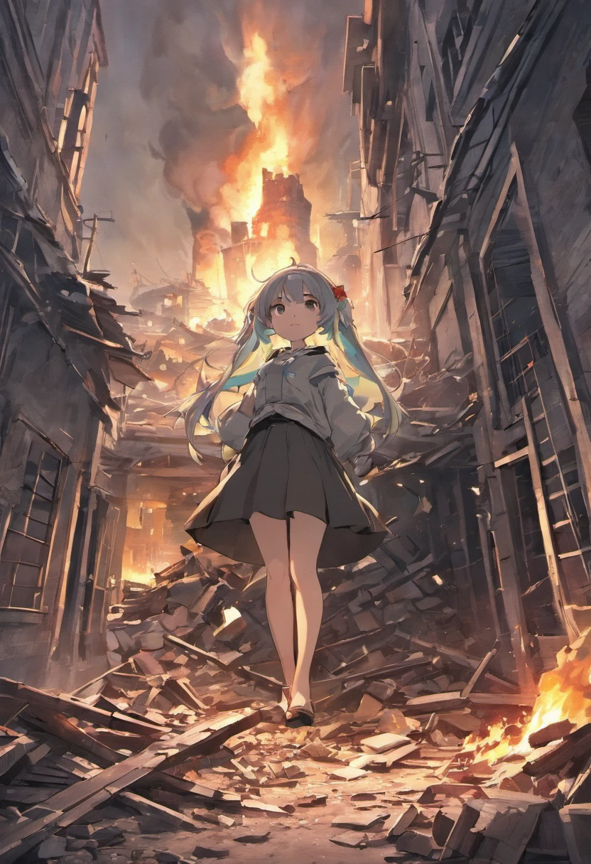 A war has taken place in the destroyed city, ruin homes and a birds eye view. News papers littered around the floor mixed with rubble in the town centre in the background a nuker boom gose off, you are looking at it all from a birds eye view not to far up the ground you see building still on fire anime still (no people)(gray sky)(old broken builds)
